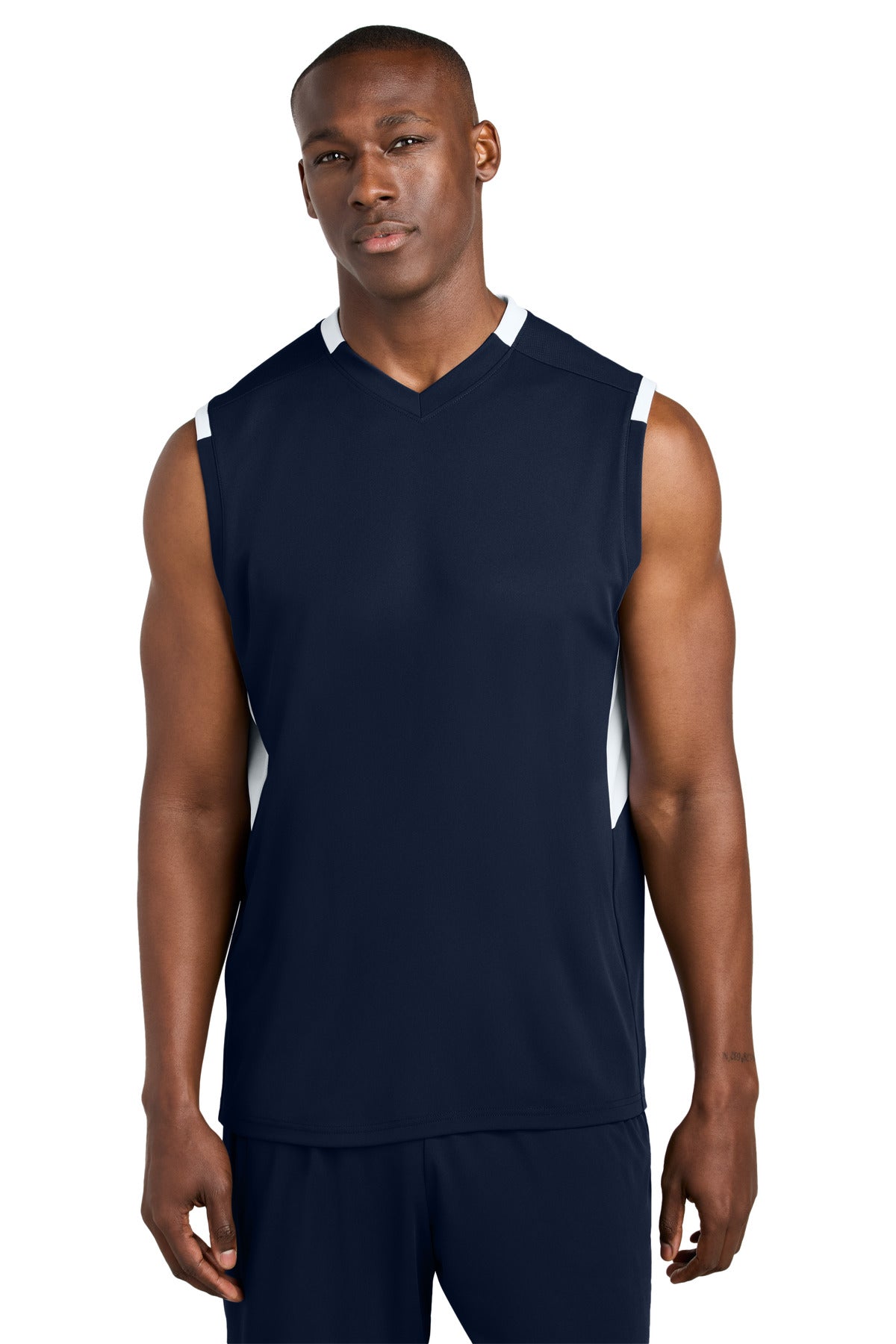 Custom logo Sport-Tek® Club Sleeveless V-Neck ST441 in True Navy/ White