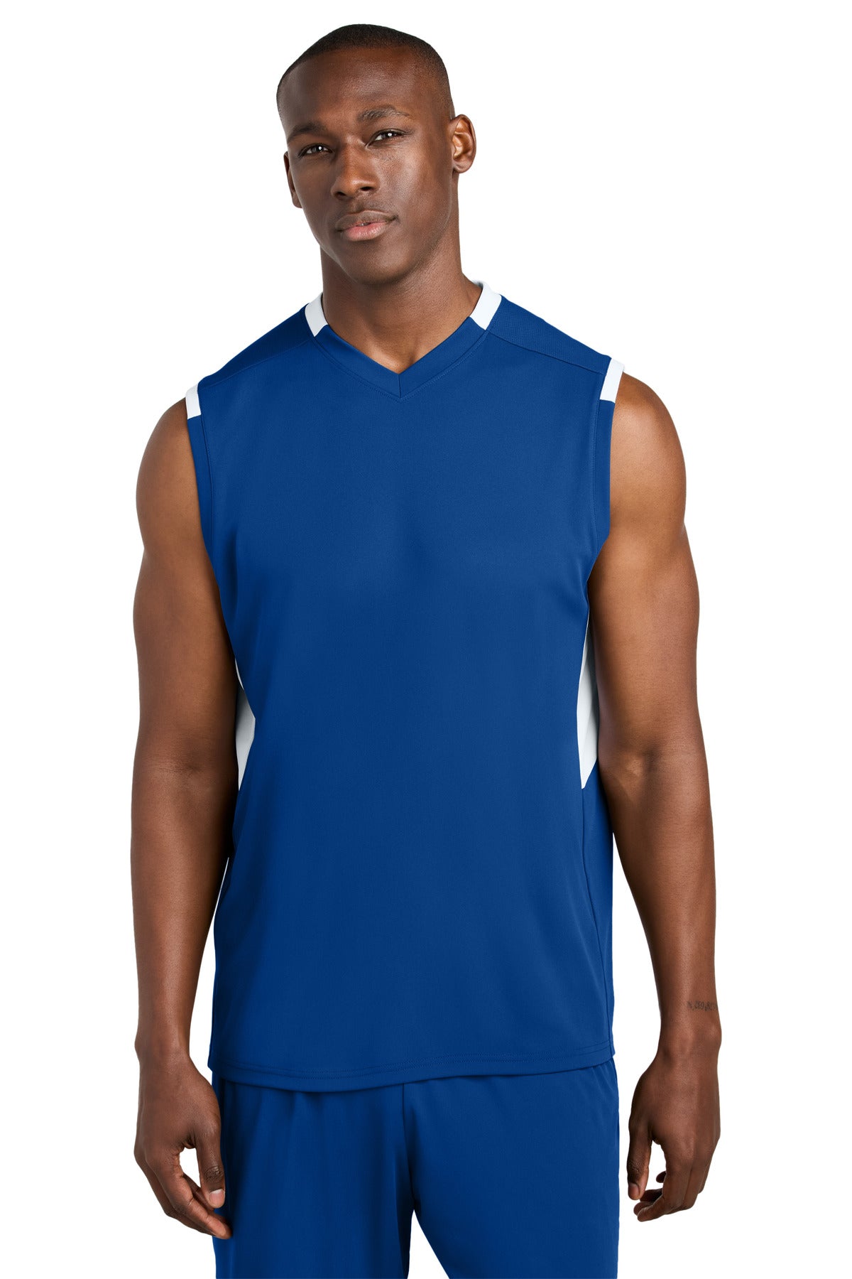 Custom logo Sport-Tek® Club Sleeveless V-Neck ST441 in True Royal/ White