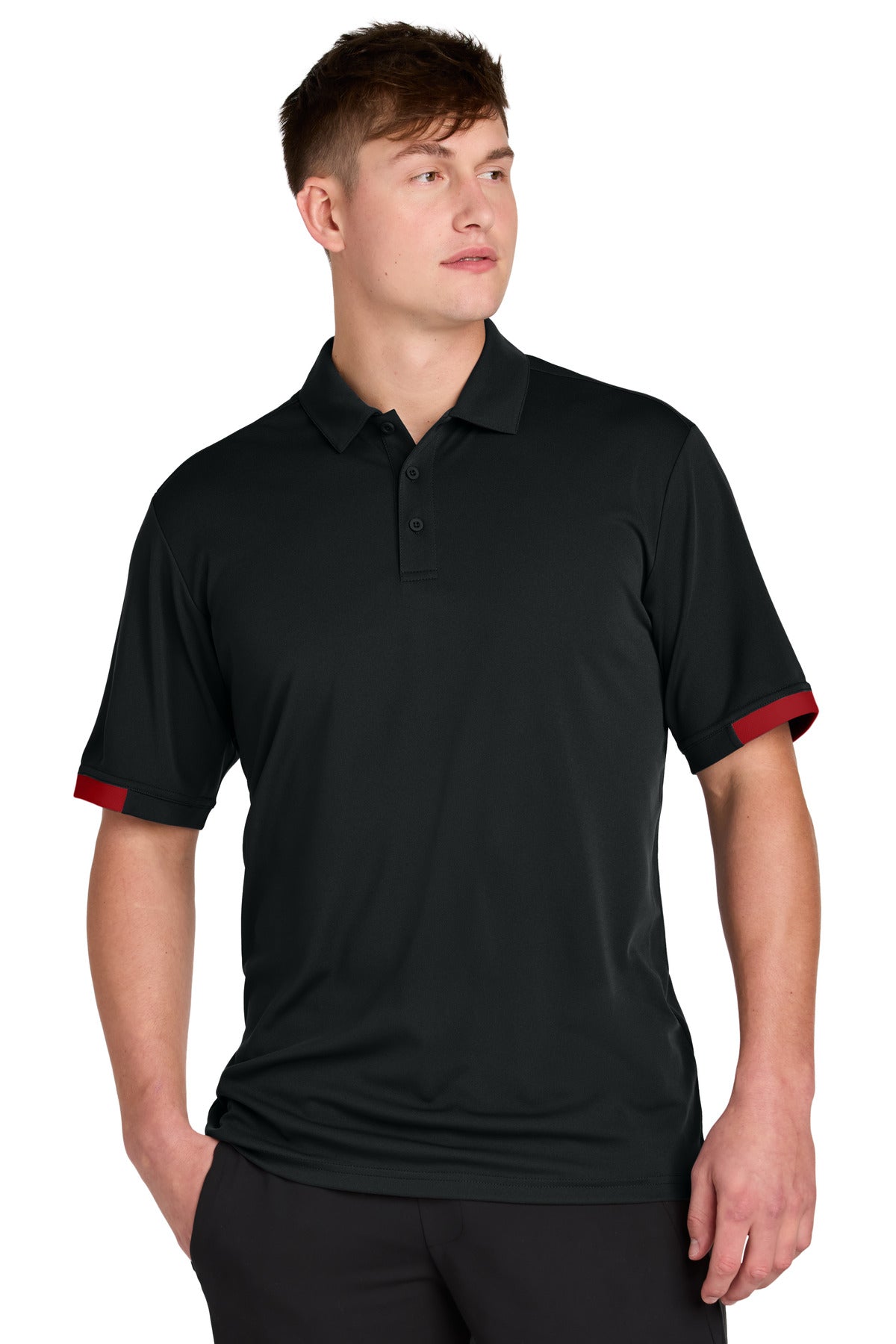 Custom logo Sport-Tek® Club Colorblock Polo ST444 in Black/ Deep Red