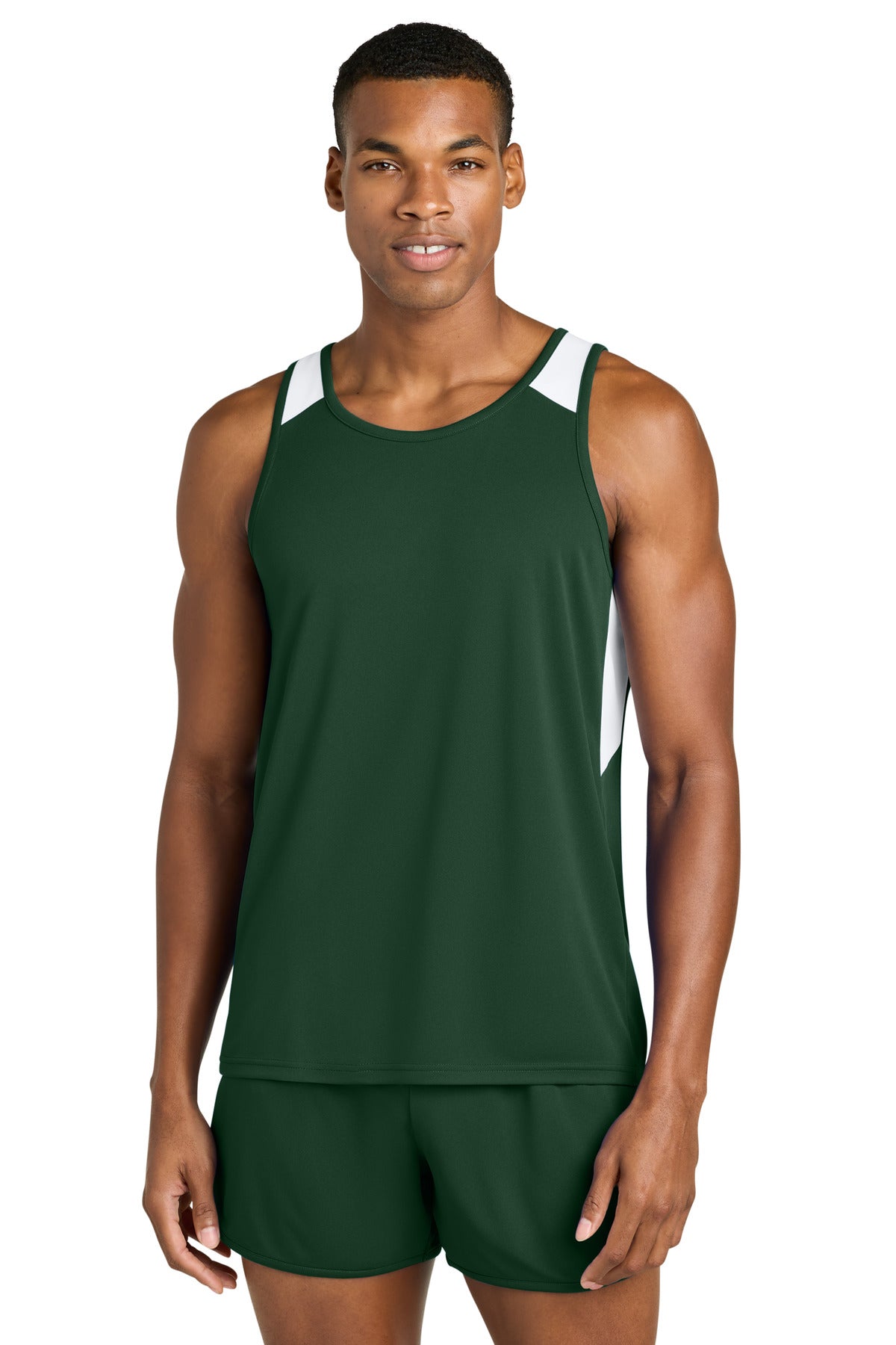 Custom logo Sport-Tek® Club Track Tank ST446 in Forest Green/ White