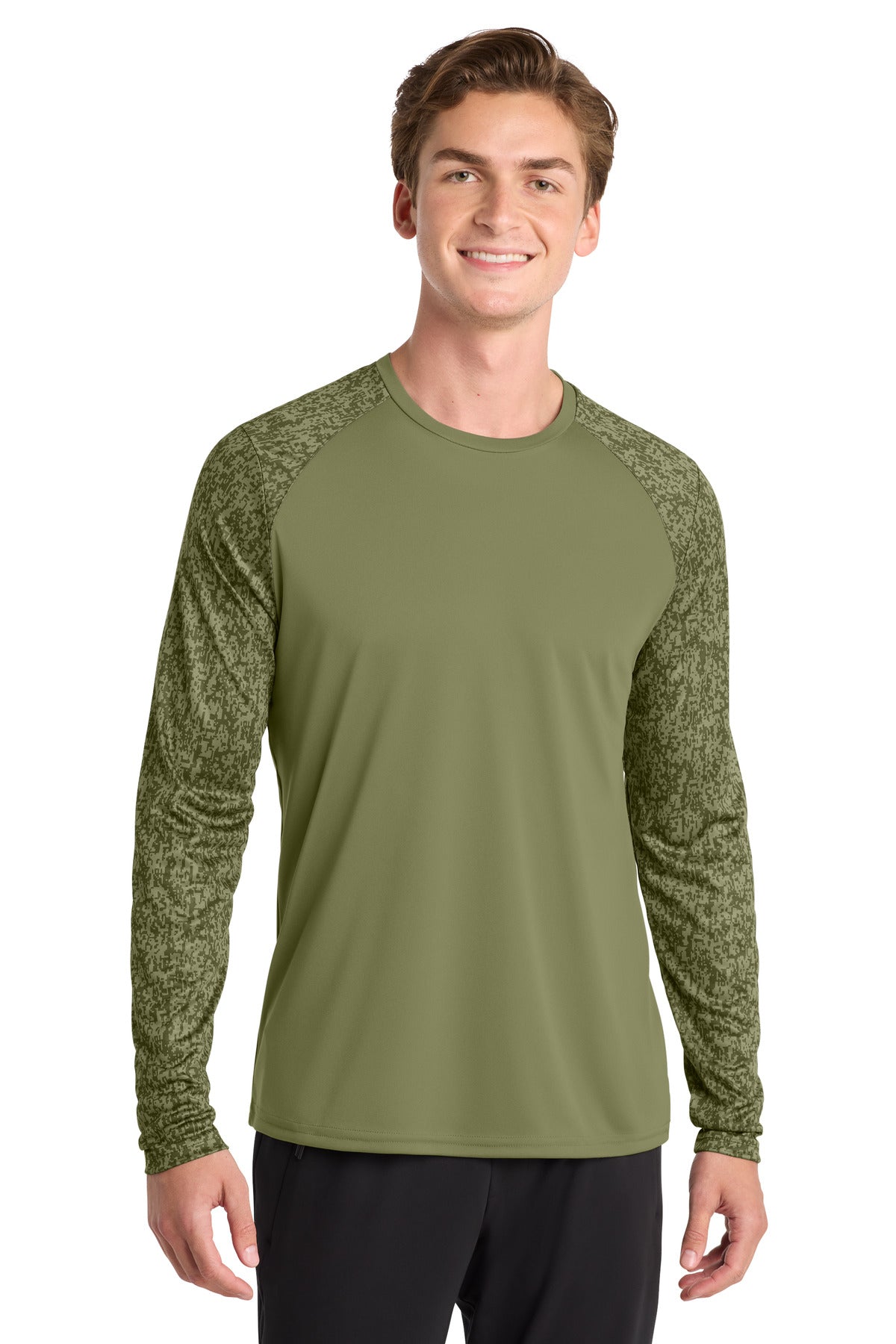 Custom logo Sport-Tek ® Long Sleeve Digi Camo Tee. ST460LS in Olive Drab Green