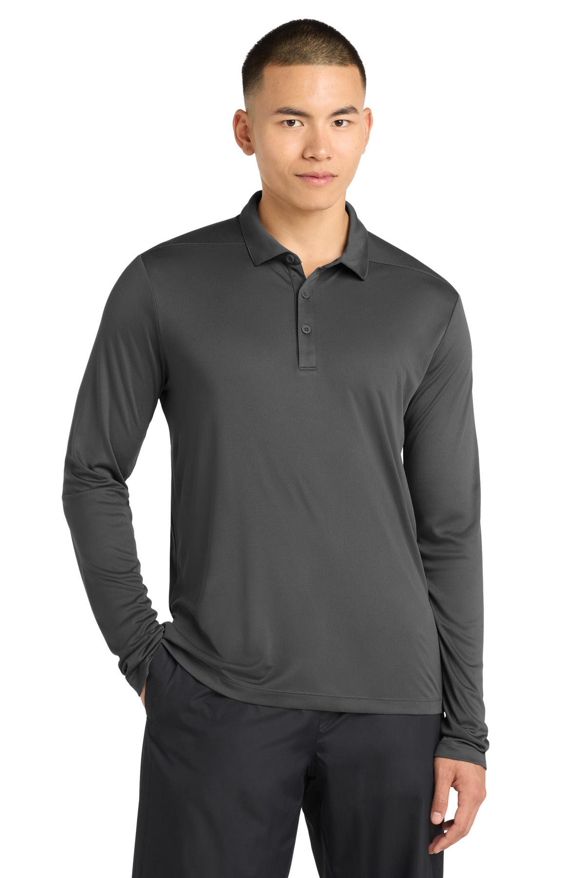 Custom logo Sport-Tek ®  Posi-UV®  Pro Long Sleeve Polo. ST520LS in Dark Smoke Grey