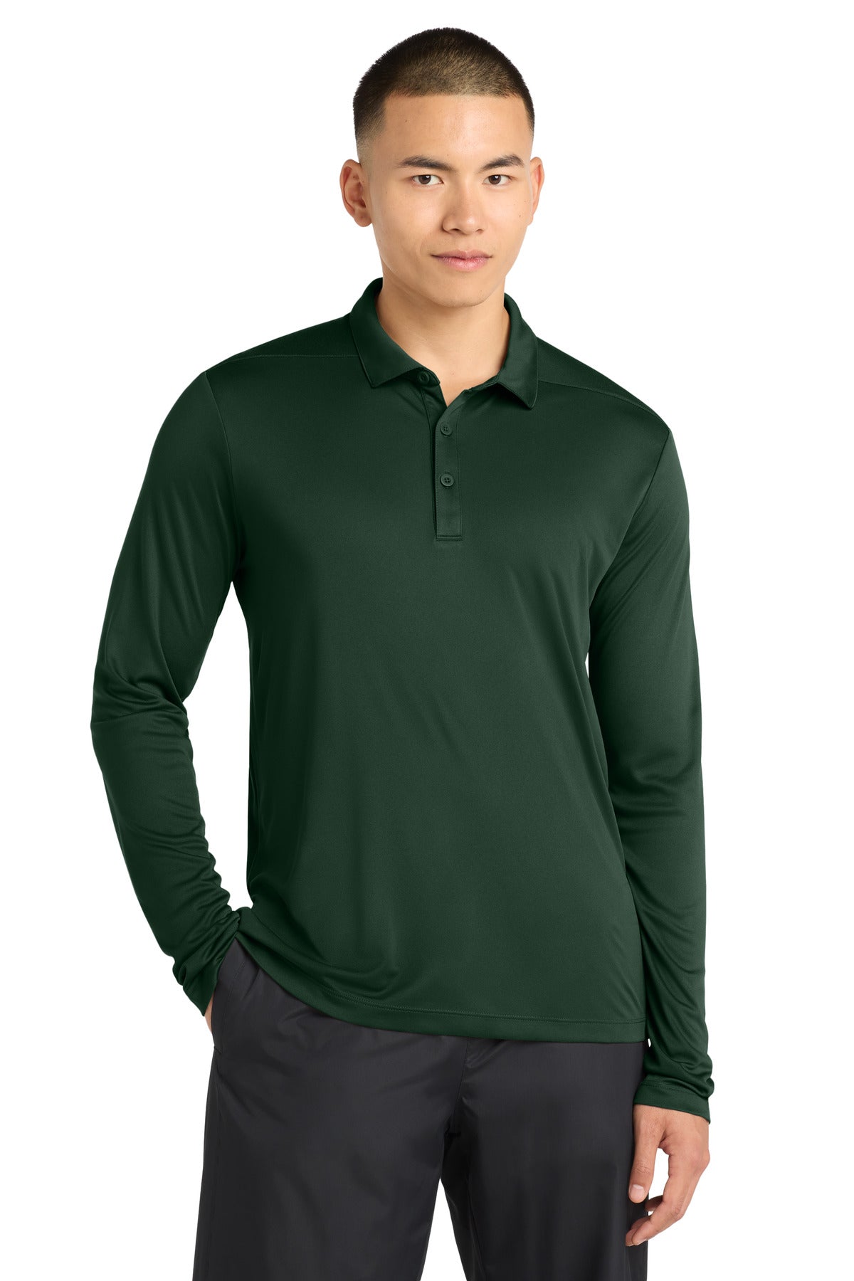 Custom logo Sport-Tek ®  Posi-UV®  Pro Long Sleeve Polo. ST520LS in Forest Green