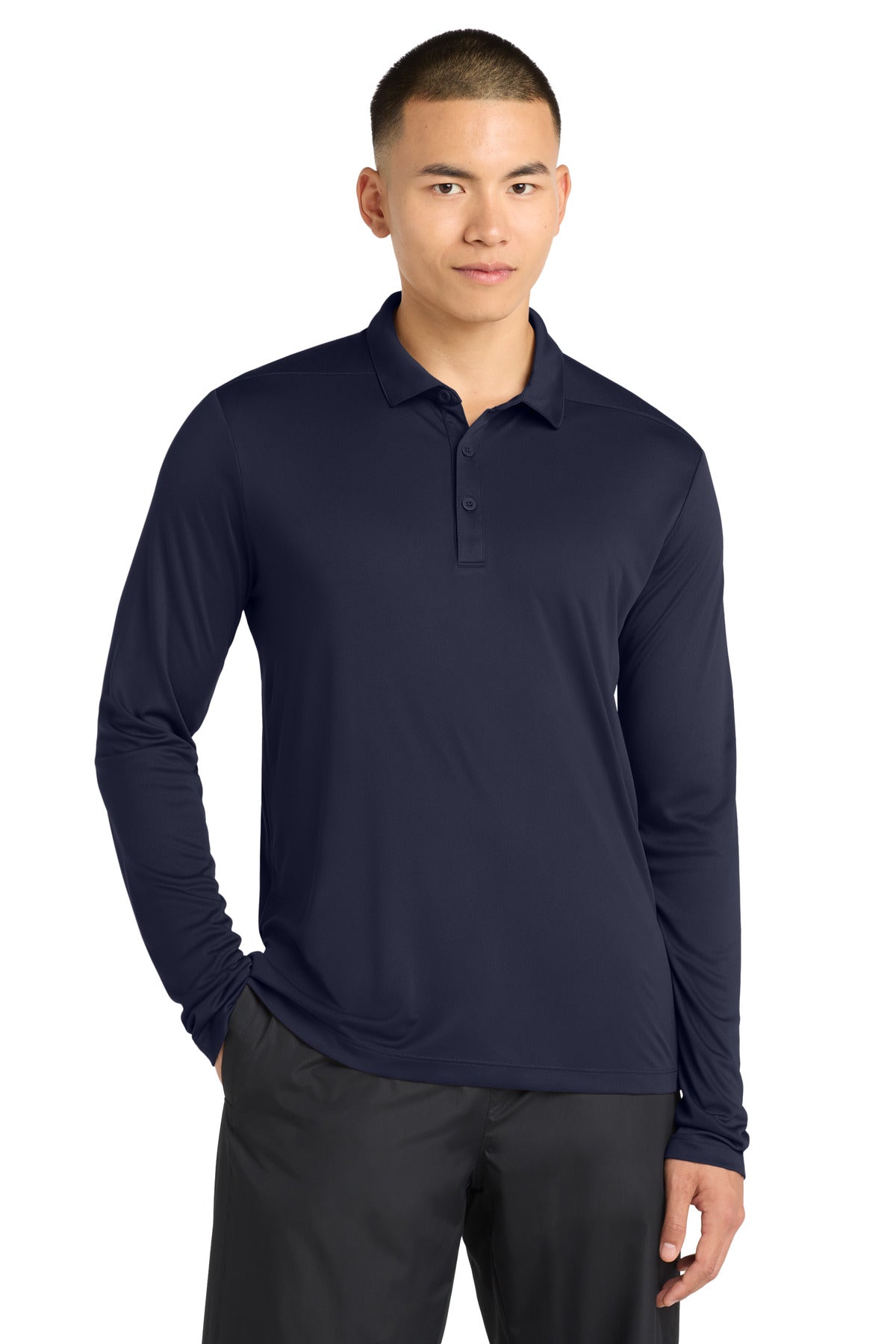 Custom logo Sport-Tek ®  Posi-UV®  Pro Long Sleeve Polo. ST520LS in True Navy