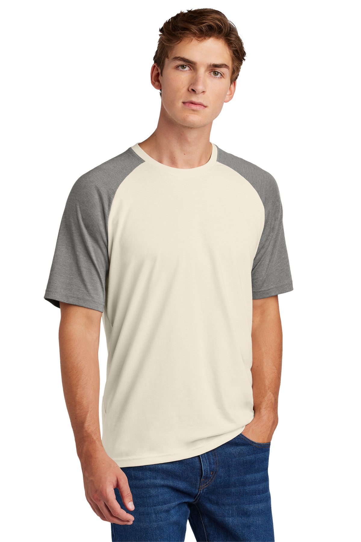 Custom logo Sport-Tek® Halftime Raglan Tee ST6040 in Vintage Heather/ Ecru