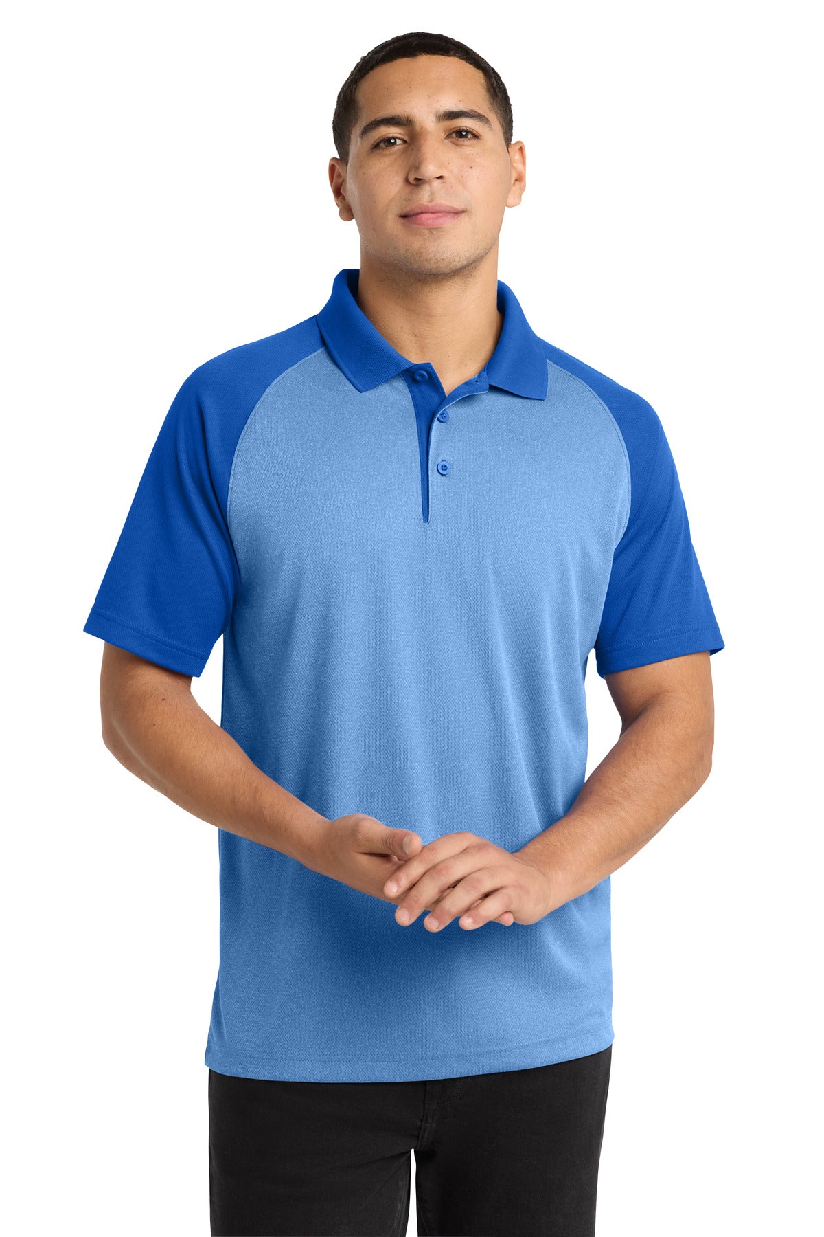 Custom logo Sport-Tek ® PosiCharge ® RacerMesh ® Raglan Heather Block Polo. ST641 in True Royal Heather/ True Royal