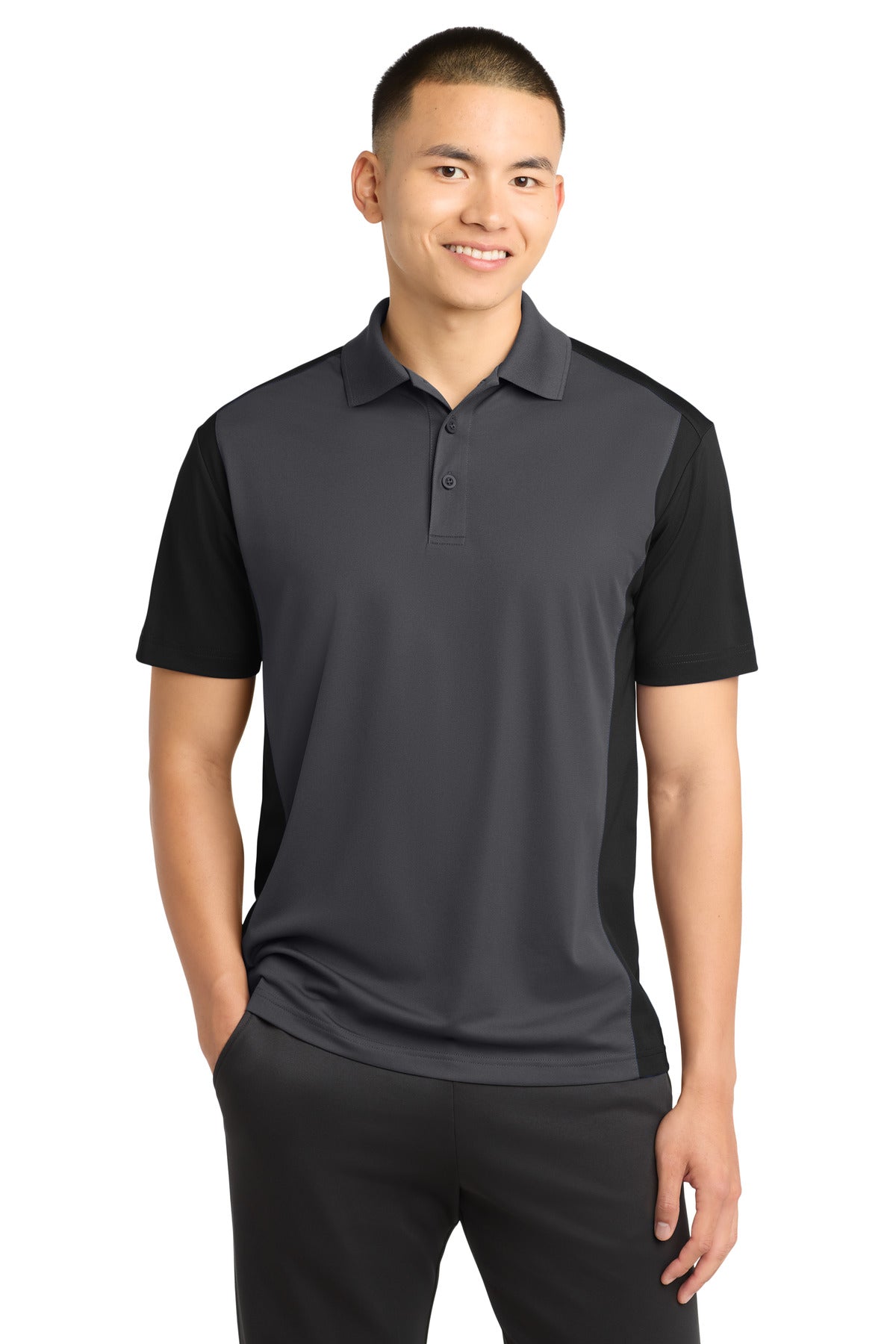 Custom logo Sport-Tek® Colorblock Micropique Sport-Wick® Polo. ST652 in Iron Grey/ Black