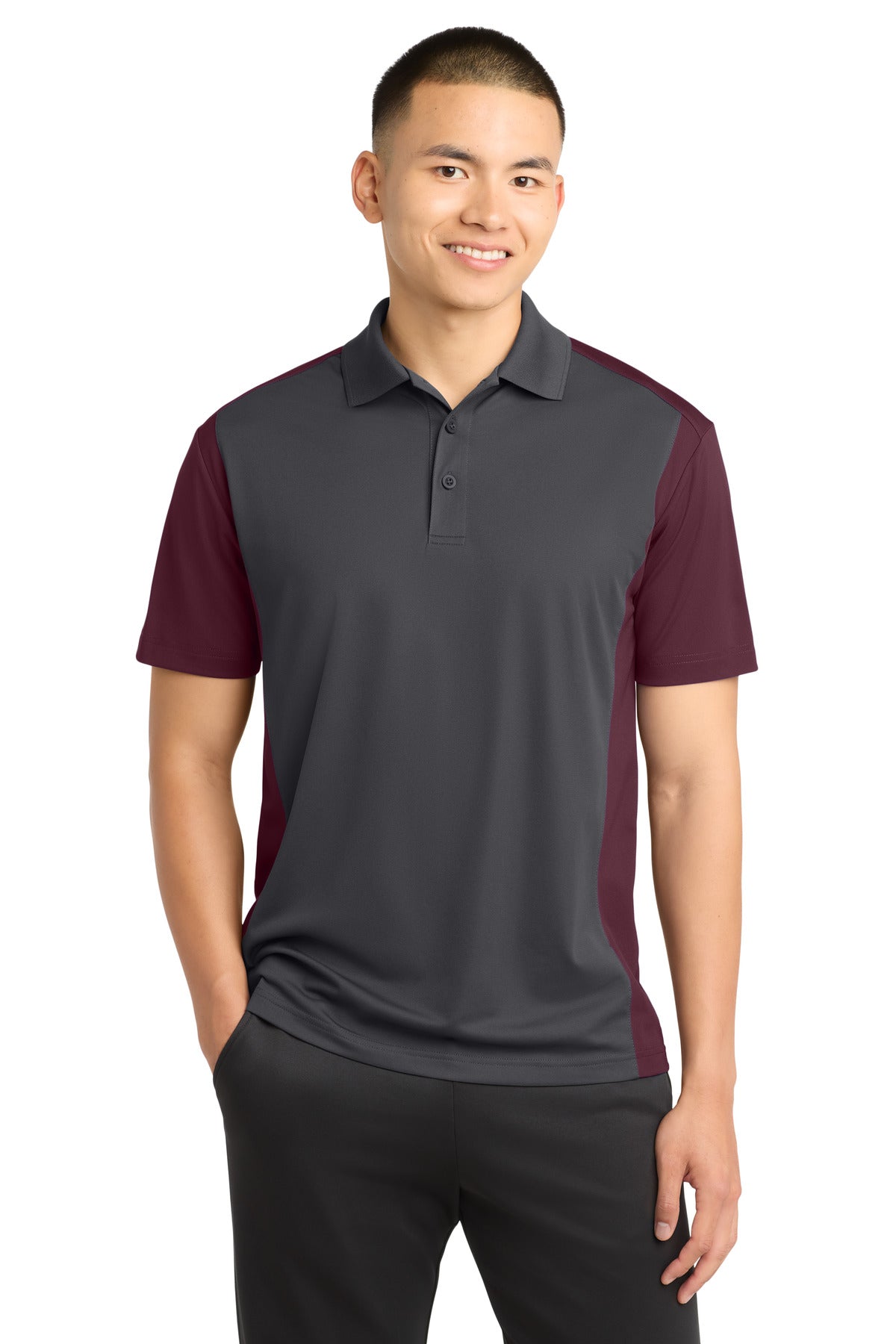 Custom logo Sport-Tek® Colorblock Micropique Sport-Wick® Polo. ST652 in Iron Grey/ Maroon