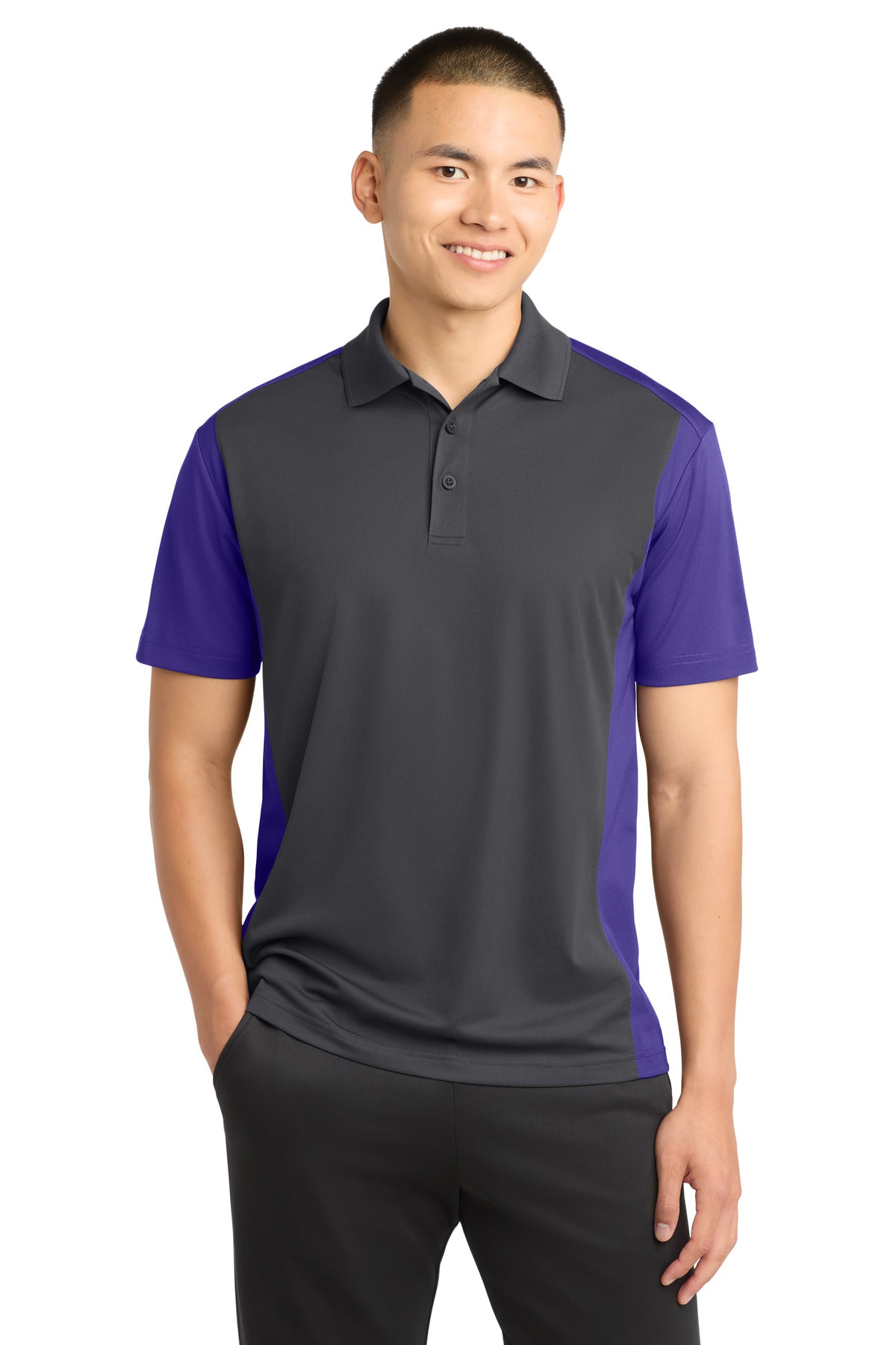 Custom logo Sport-Tek® Colorblock Micropique Sport-Wick® Polo. ST652 in Iron Grey/ Purple