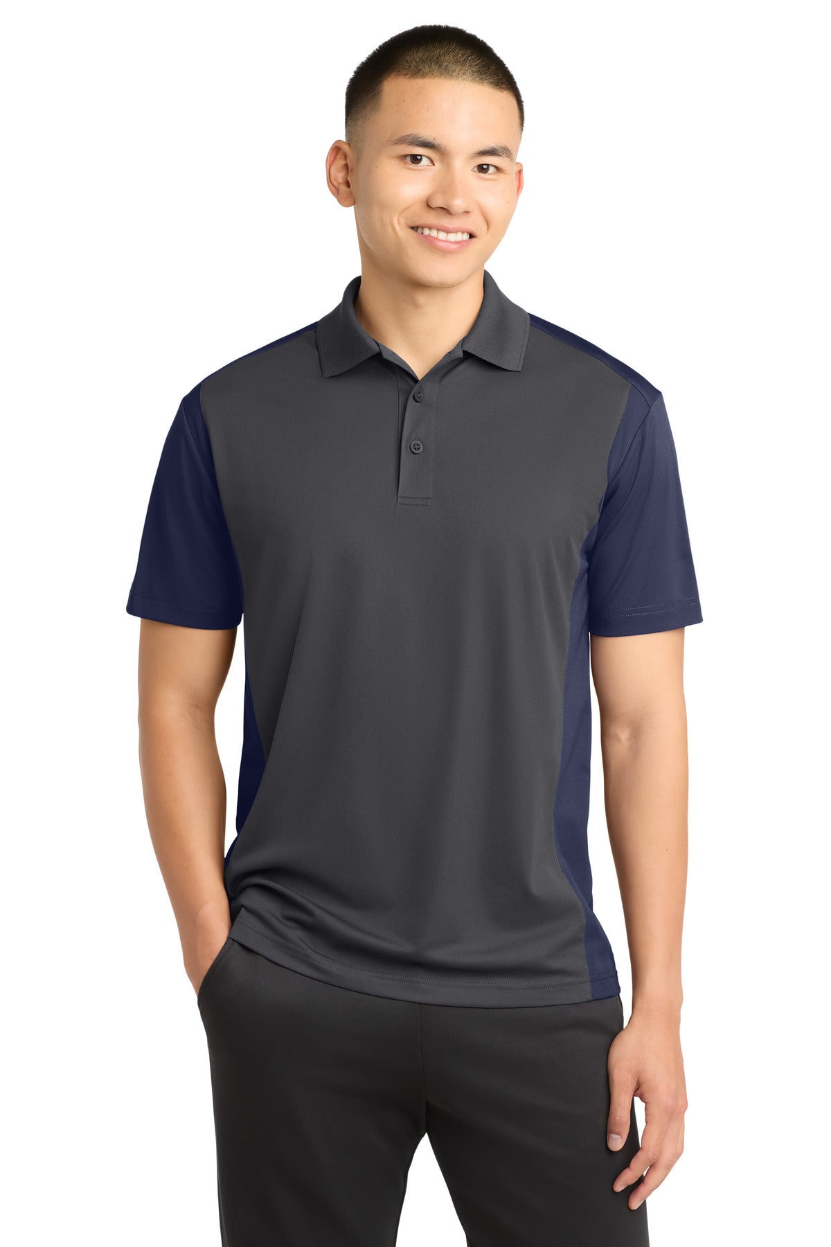 Custom logo Sport-Tek® Colorblock Micropique Sport-Wick® Polo. ST652 in Iron Grey/ True Navy