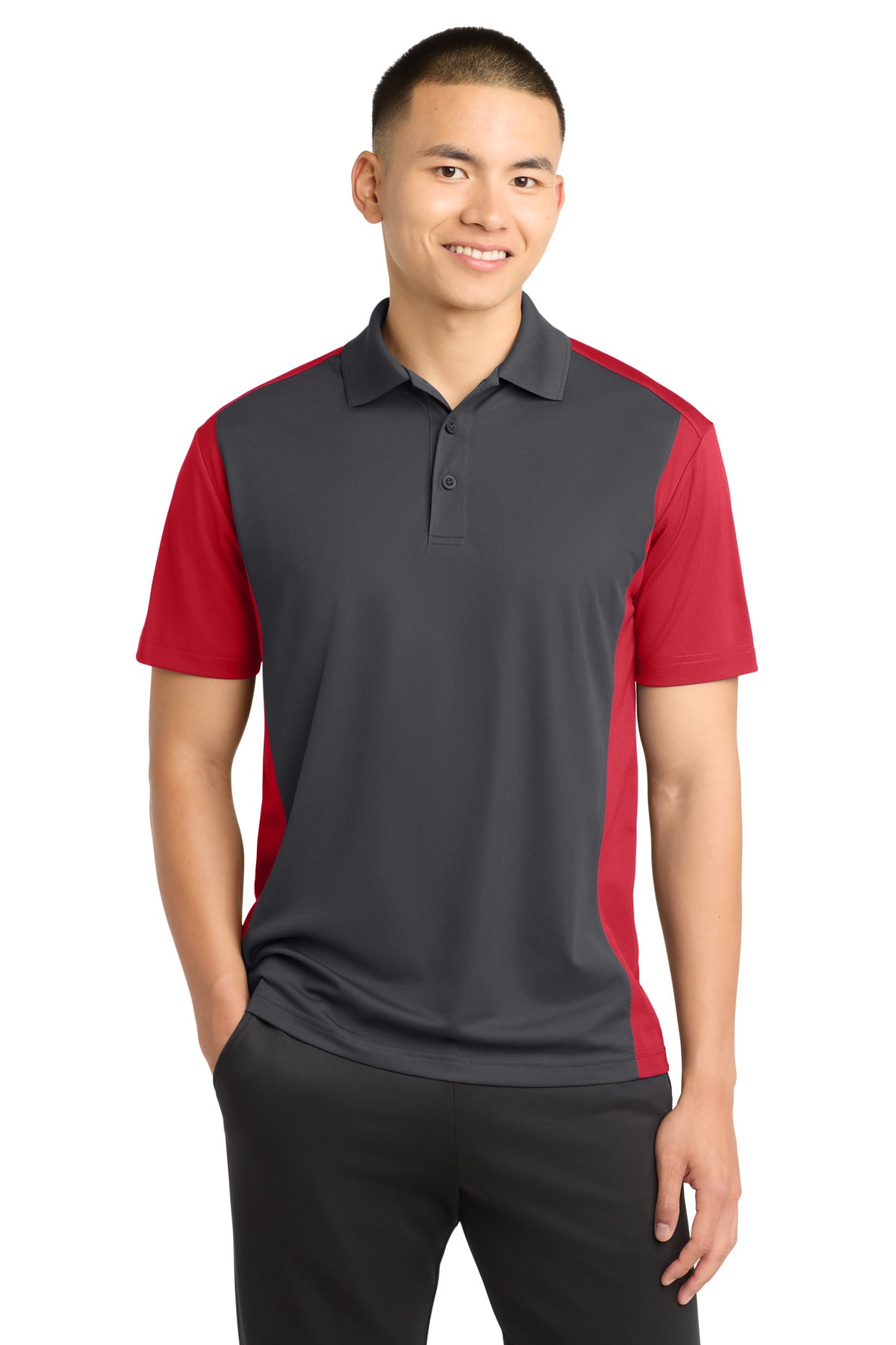 Custom logo Sport-Tek® Colorblock Micropique Sport-Wick® Polo. ST652 in Iron Grey/ True Red
