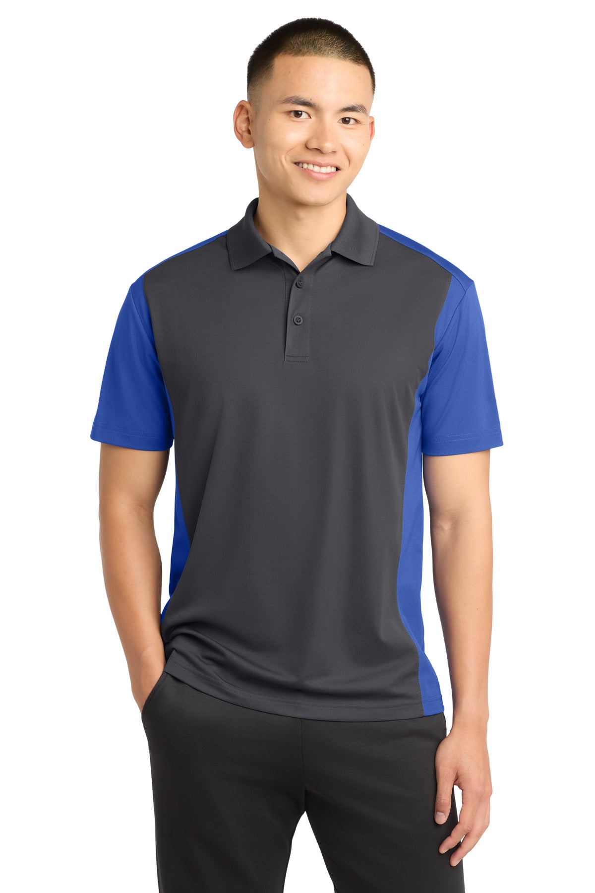 Custom logo Sport-Tek® Colorblock Micropique Sport-Wick® Polo. ST652 in Iron Grey/ True Royal