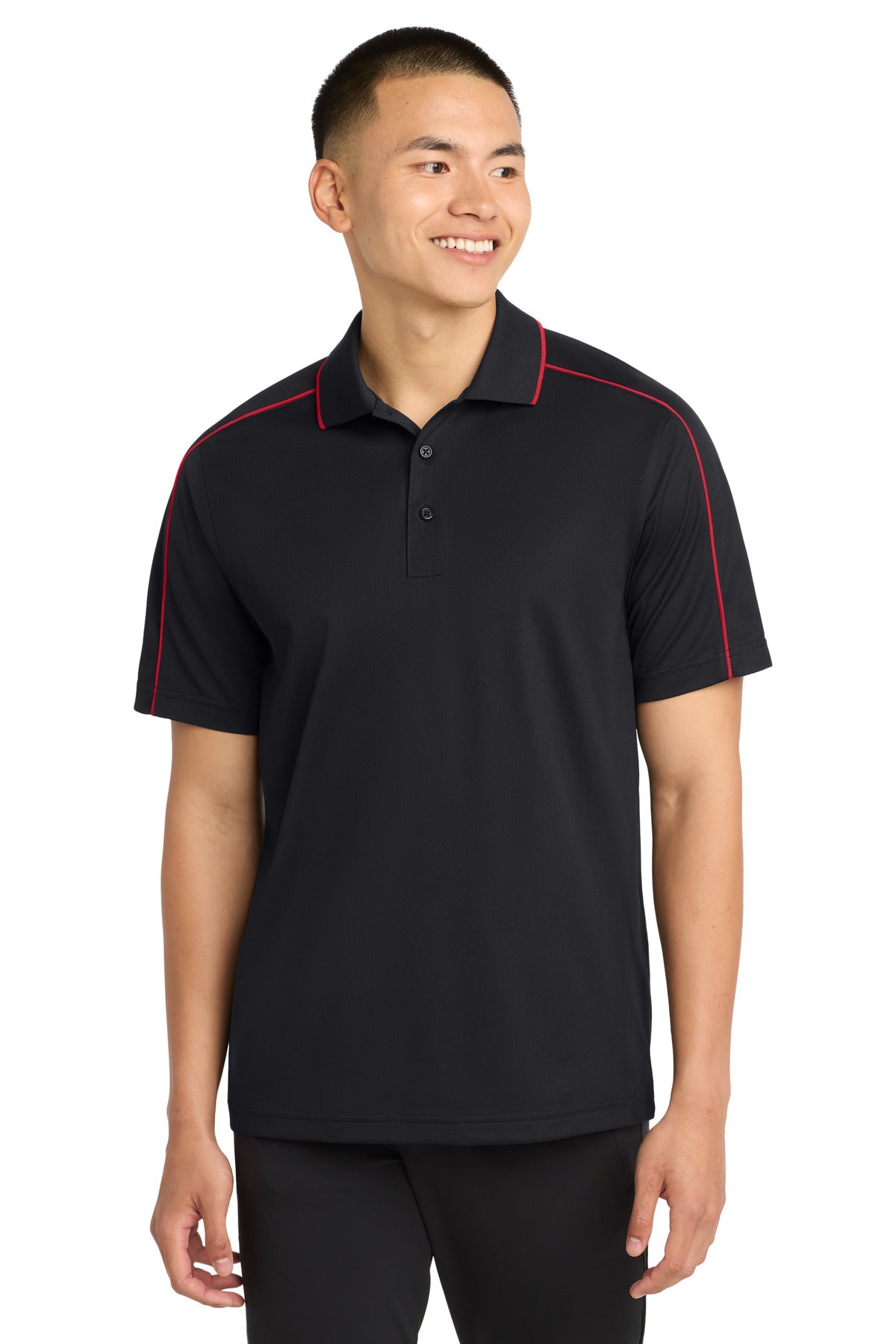 Custom logo Sport-Tek® Micropique Sport-Wick® Piped Polo. ST653 in Black/ True Red