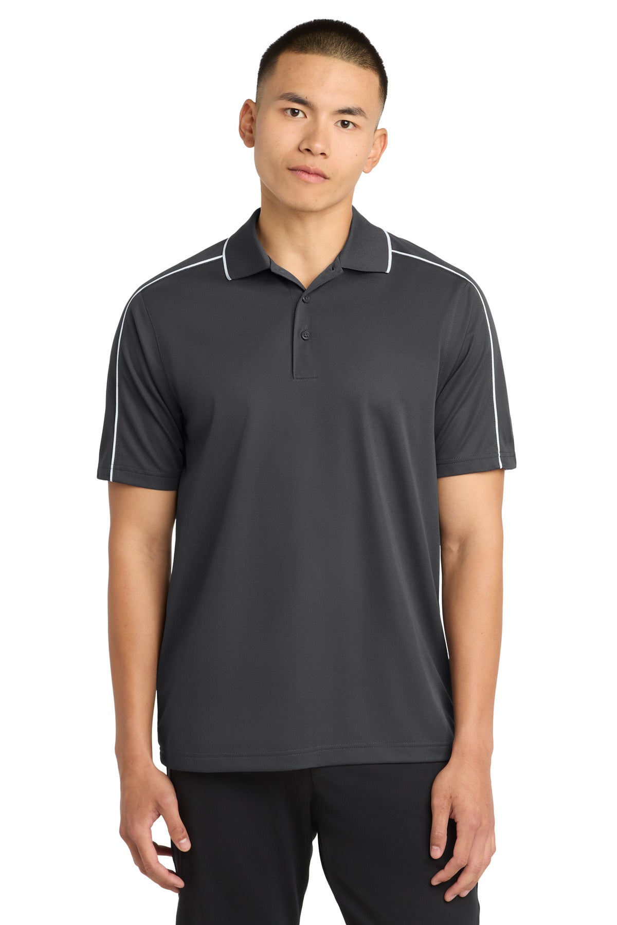 Custom logo Sport-Tek® Micropique Sport-Wick® Piped Polo. ST653 in Iron Grey/ White
