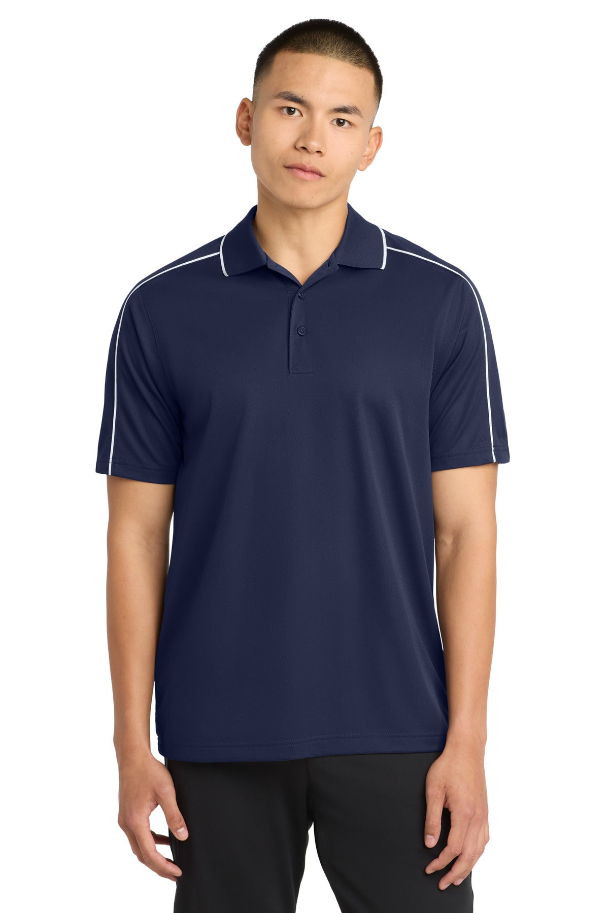 Custom logo Sport-Tek® Micropique Sport-Wick® Piped Polo. ST653 in True Navy/ White