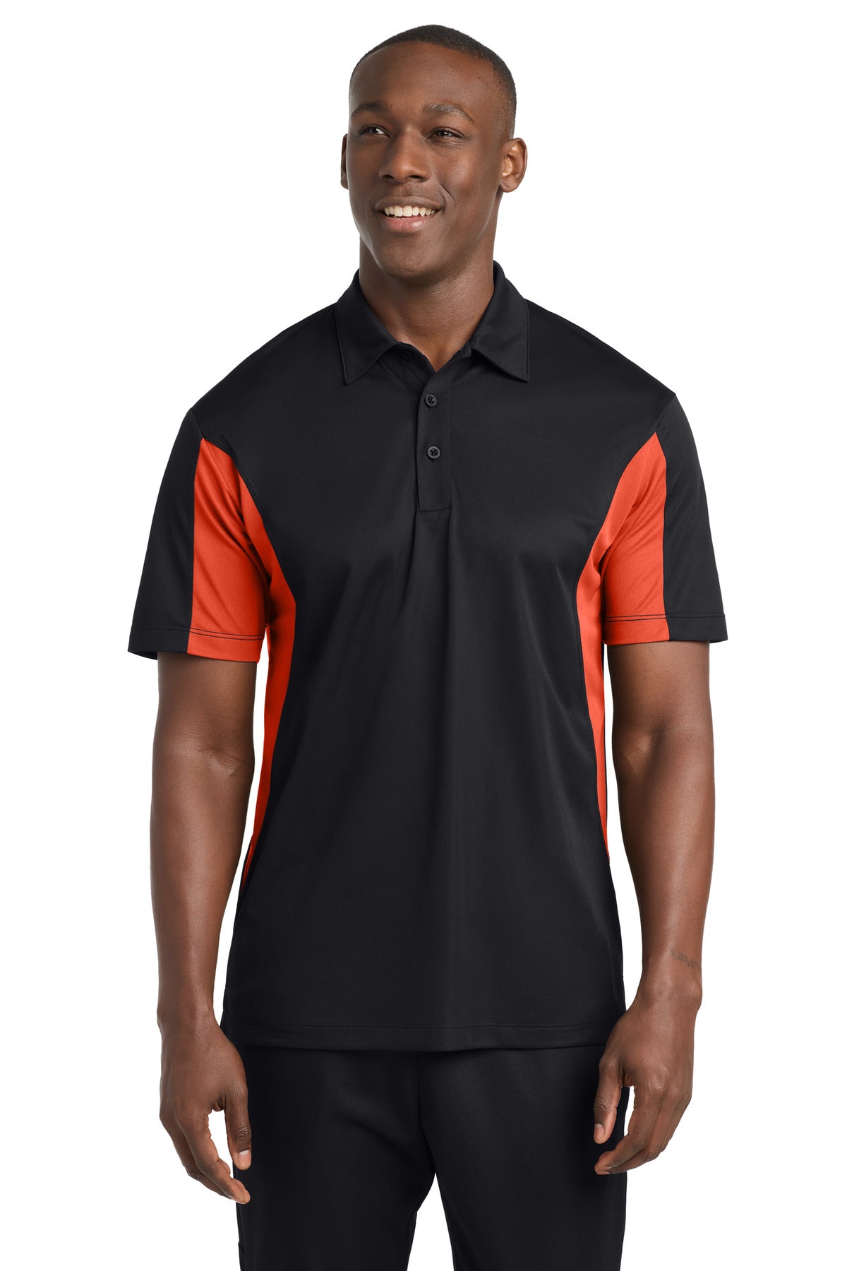 Custom logo Sport-Tek® Side Blocked Micropique Sport-Wick® Polo. ST655 in Black/ Deep Orange