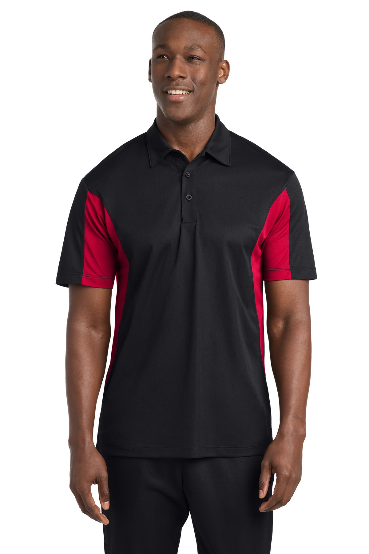 Custom logo Sport-Tek® Side Blocked Micropique Sport-Wick® Polo. ST655 in Black/ Deep Red