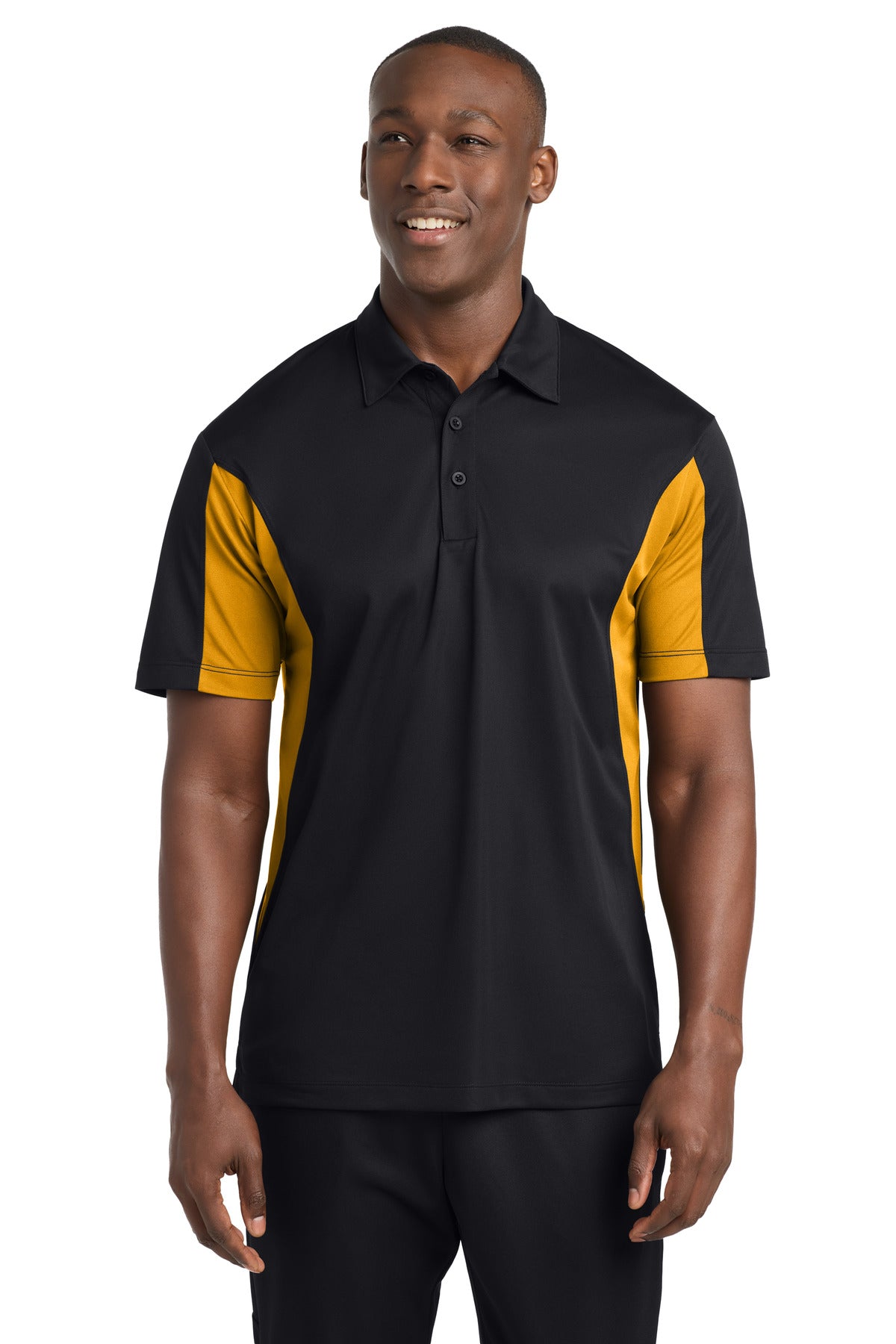 Custom logo Sport-Tek® Side Blocked Micropique Sport-Wick® Polo. ST655 in Black/ Gold