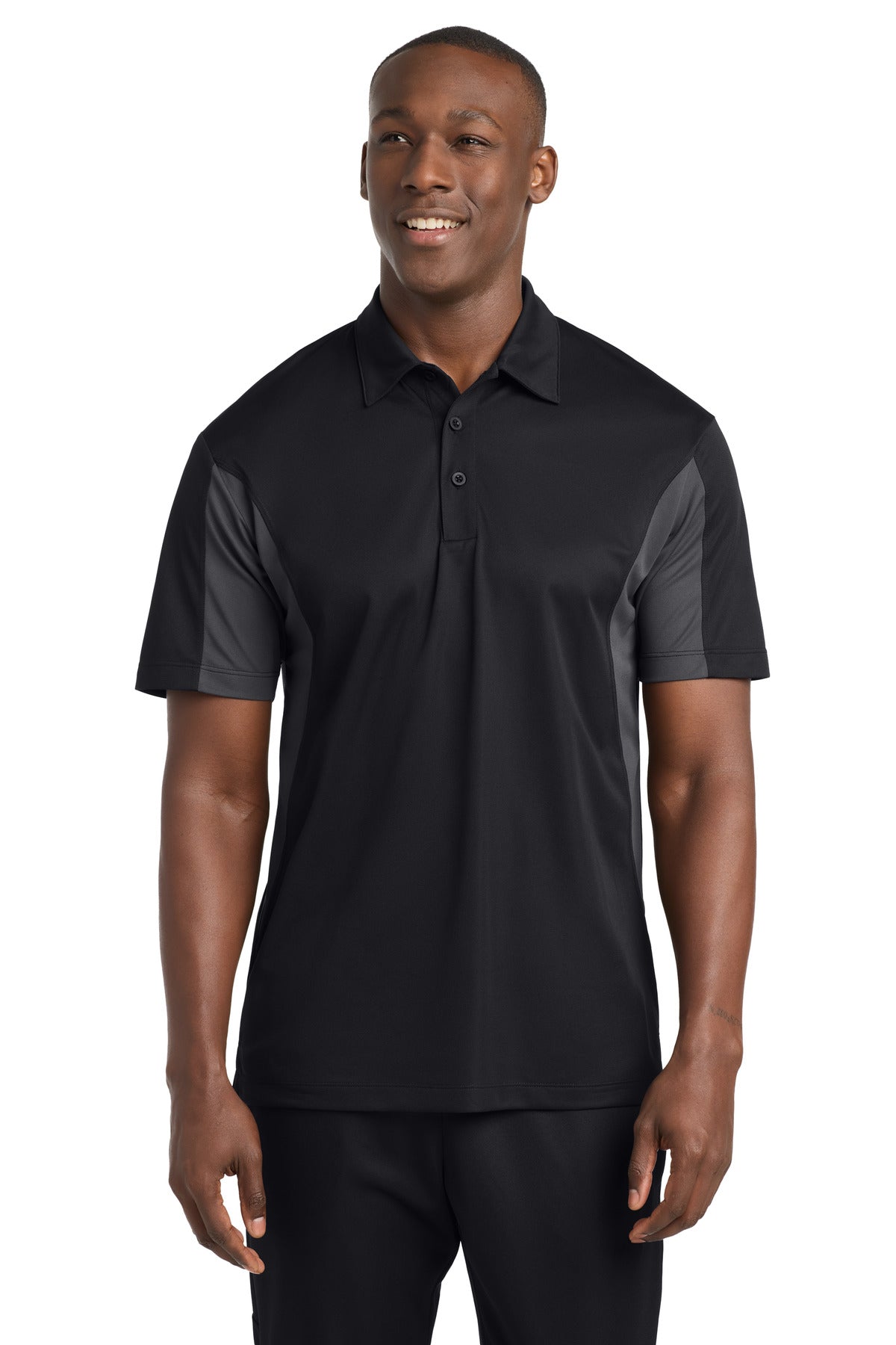 Custom logo Sport-Tek® Side Blocked Micropique Sport-Wick® Polo. ST655 in Black/ Iron Grey