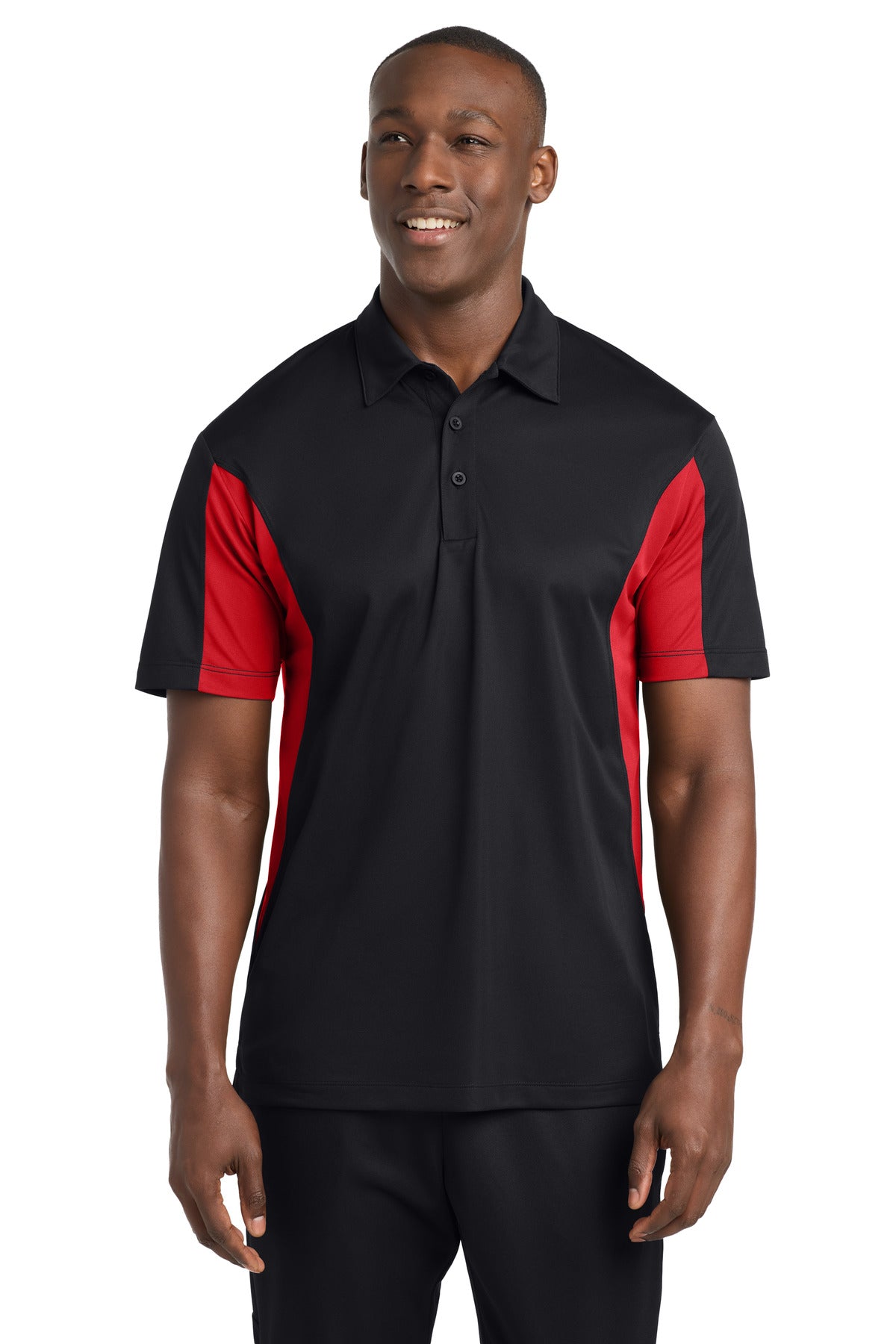 Custom logo Sport-Tek® Side Blocked Micropique Sport-Wick® Polo. ST655 in Black/ True Red