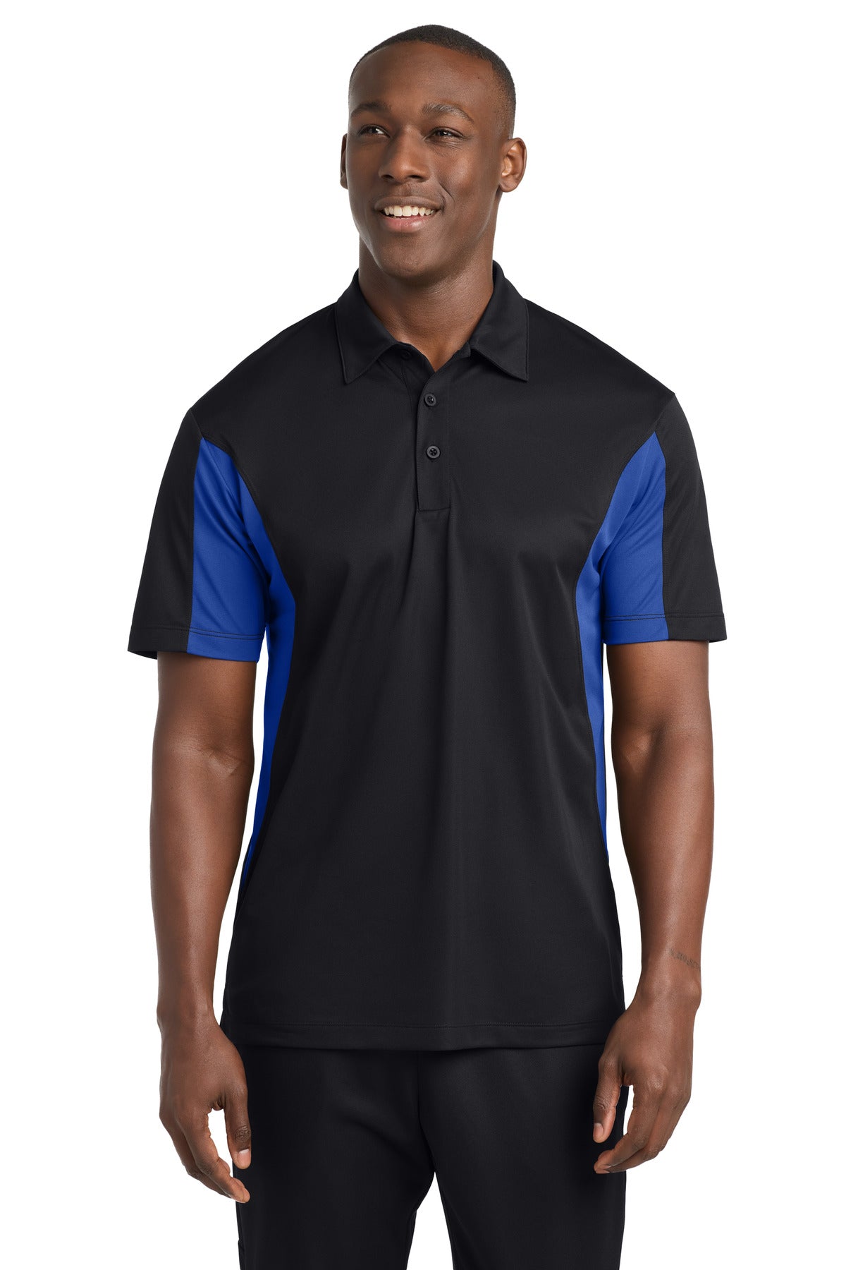 Custom logo Sport-Tek® Side Blocked Micropique Sport-Wick® Polo. ST655 in Black/ True Royal