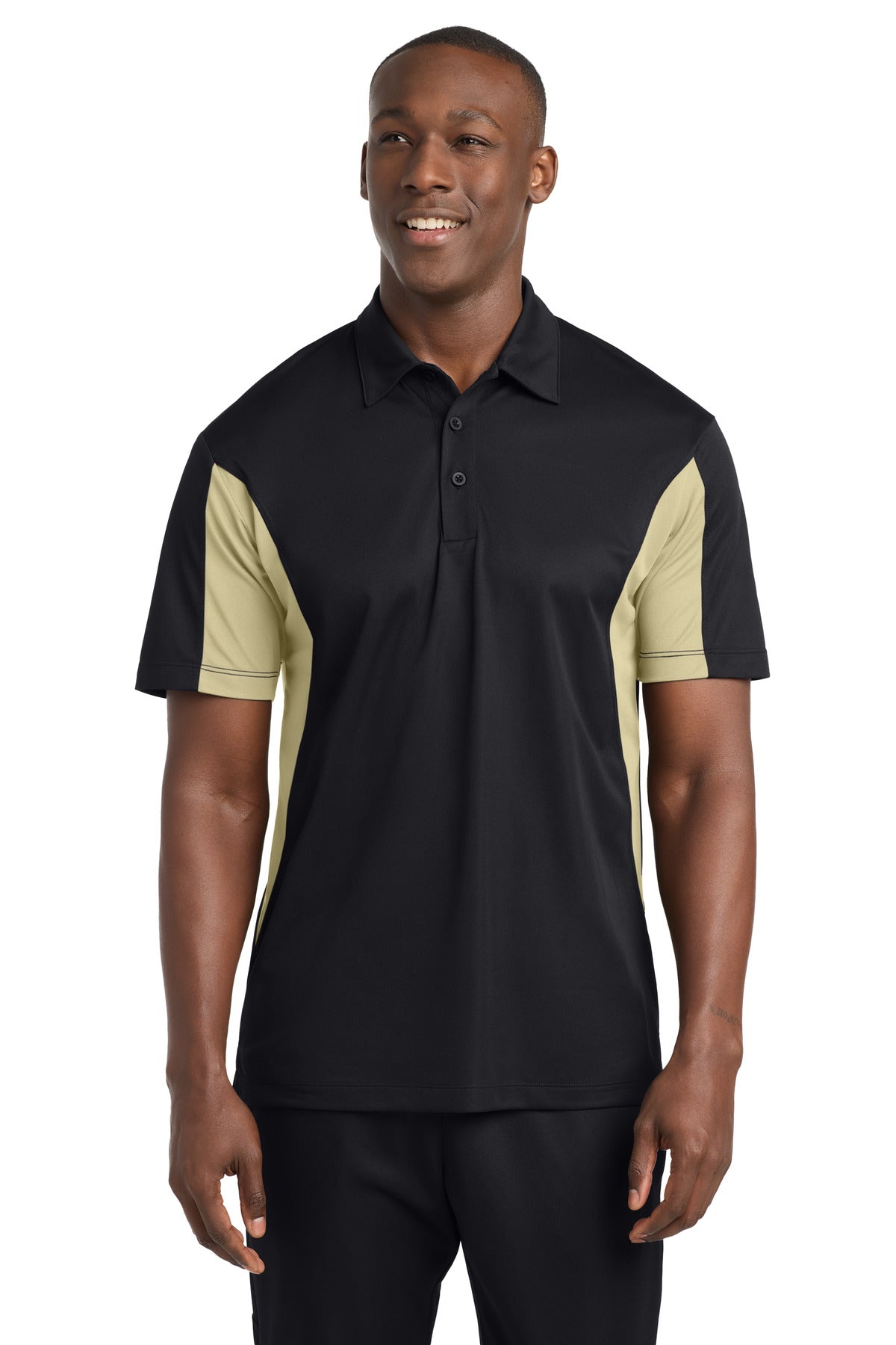 Custom logo Sport-Tek® Side Blocked Micropique Sport-Wick® Polo. ST655 in Black/ Vegas Gold