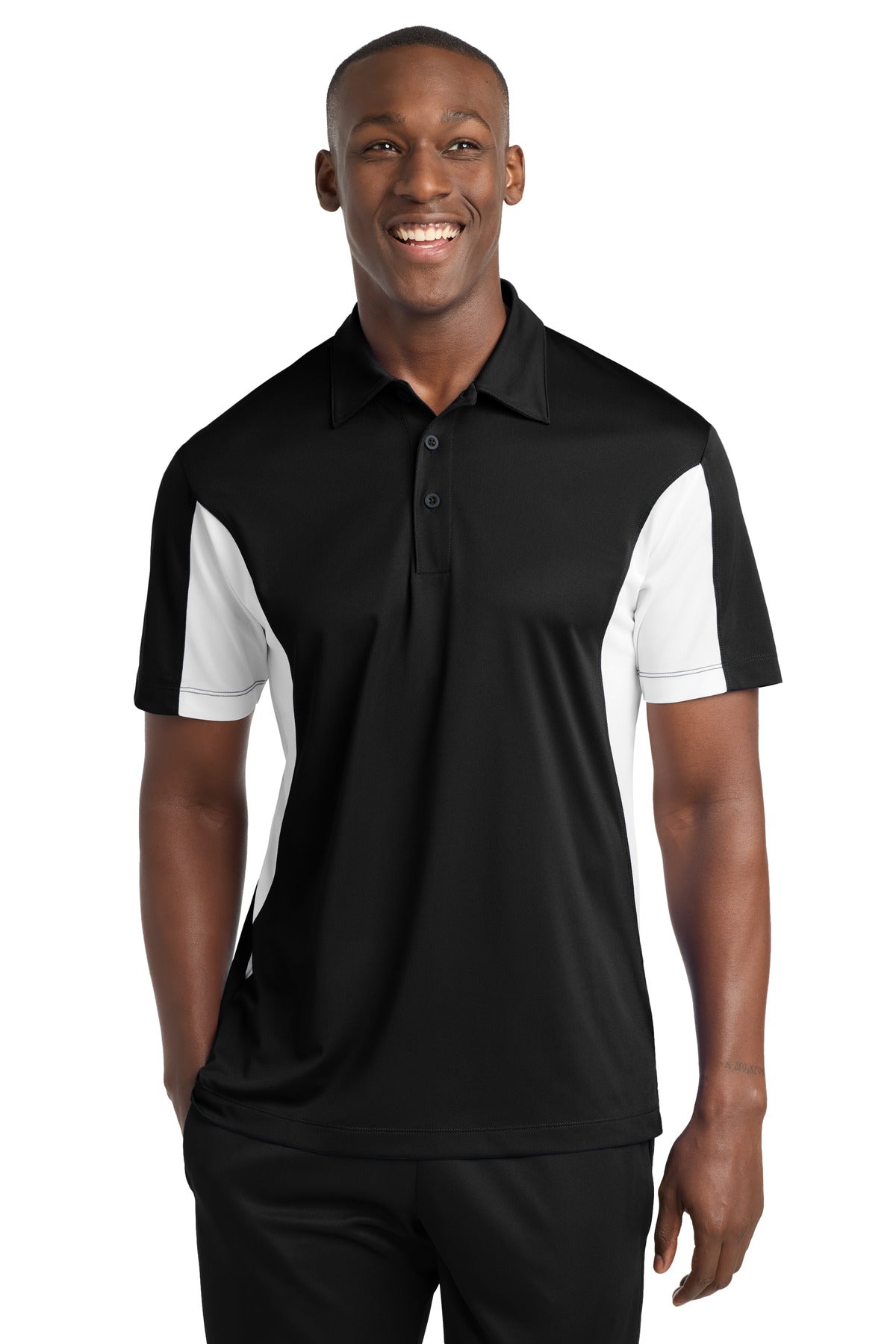 Custom logo Sport-Tek® Side Blocked Micropique Sport-Wick® Polo. ST655 in Black/ White