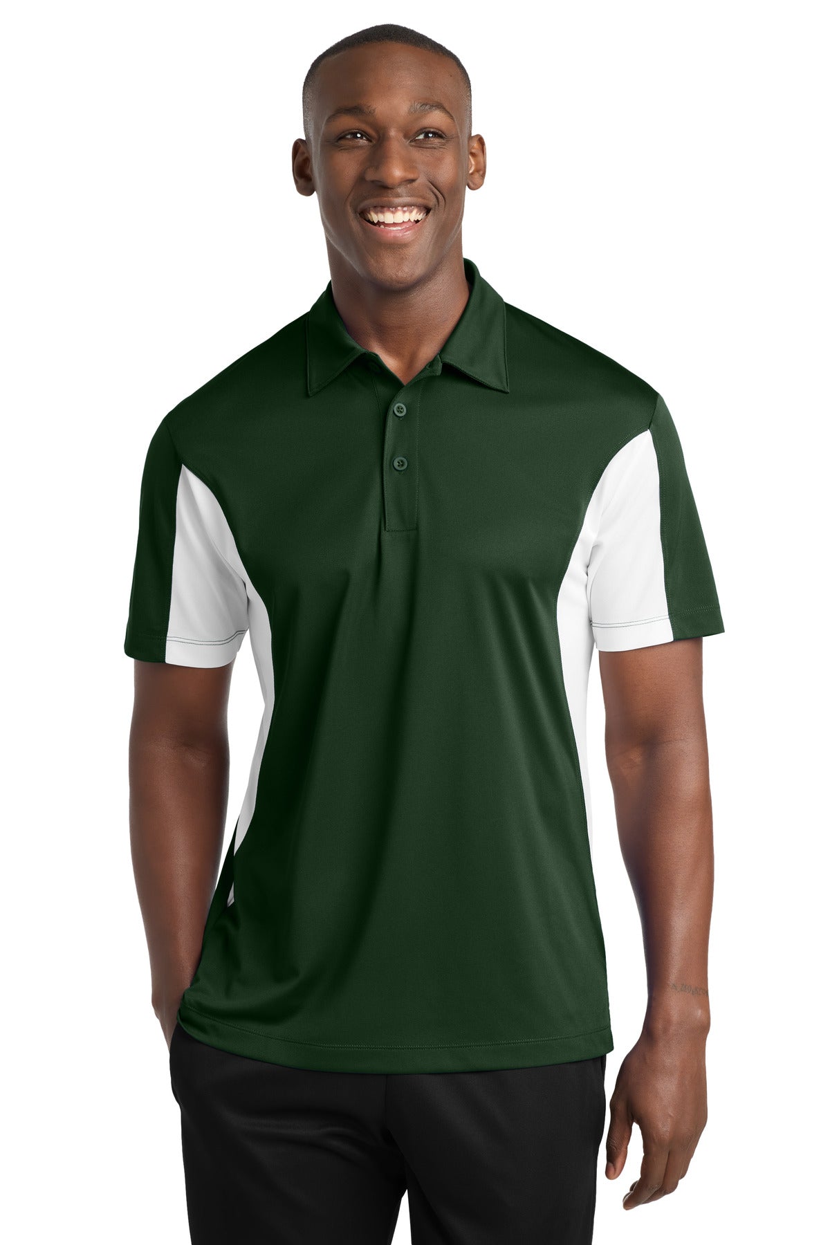 Custom logo Sport-Tek® Side Blocked Micropique Sport-Wick® Polo. ST655 in Forest Green/ White