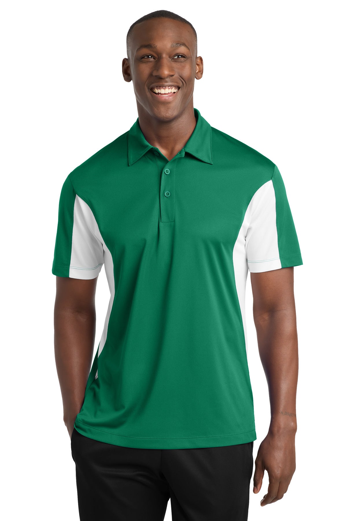 Custom logo Sport-Tek® Side Blocked Micropique Sport-Wick® Polo. ST655 in Kelly Green/ White