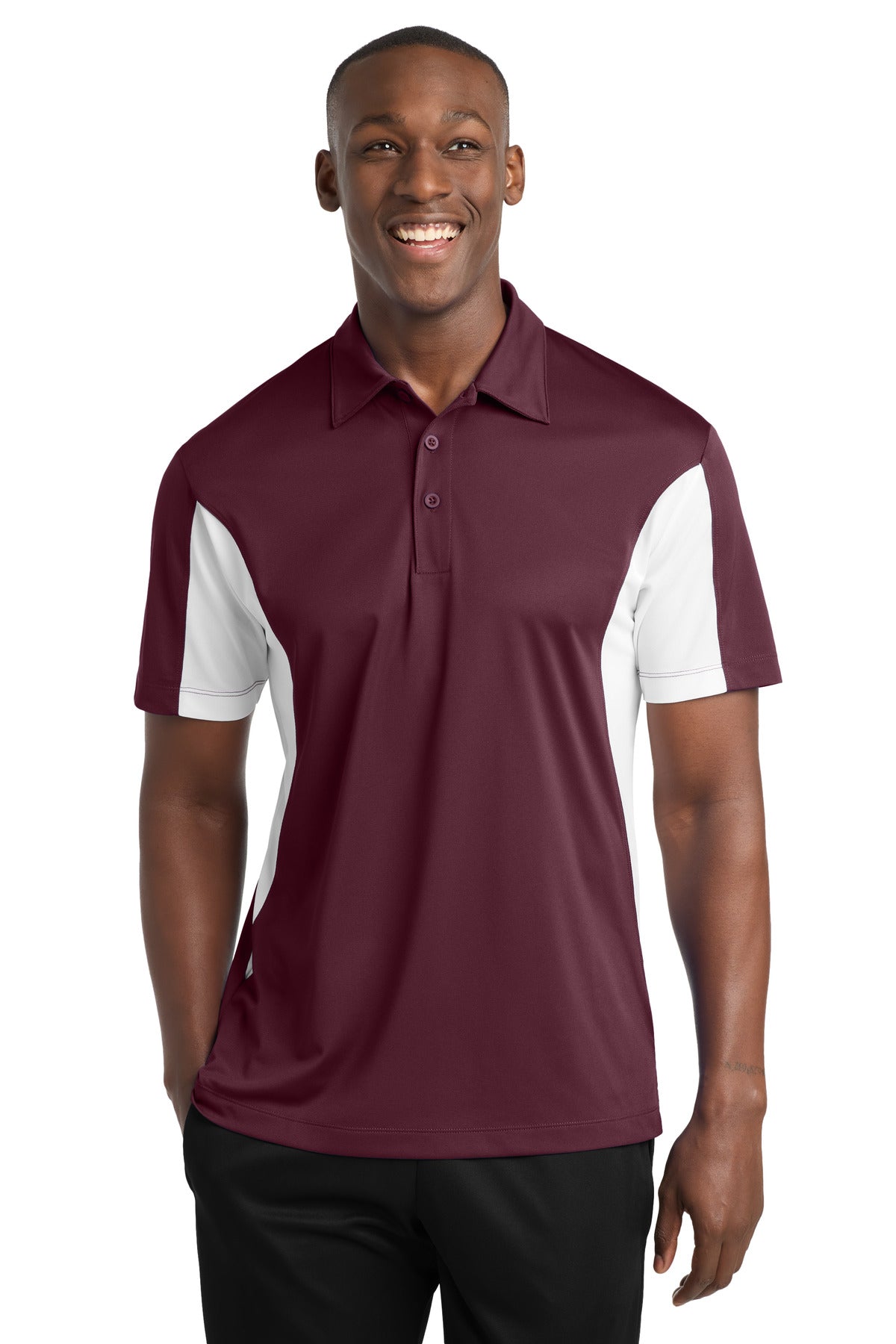 Custom logo Sport-Tek® Side Blocked Micropique Sport-Wick® Polo. ST655 in Maroon/ White