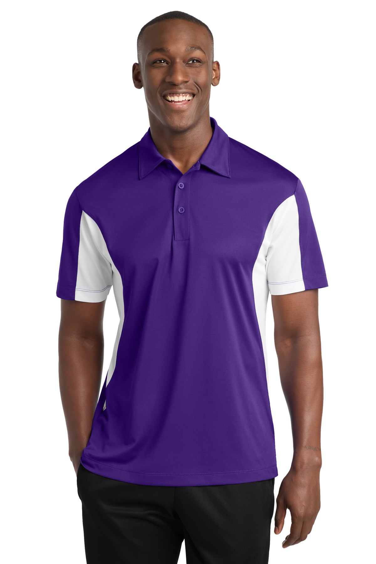 Custom logo Sport-Tek® Side Blocked Micropique Sport-Wick® Polo. ST655 in Purple/ White