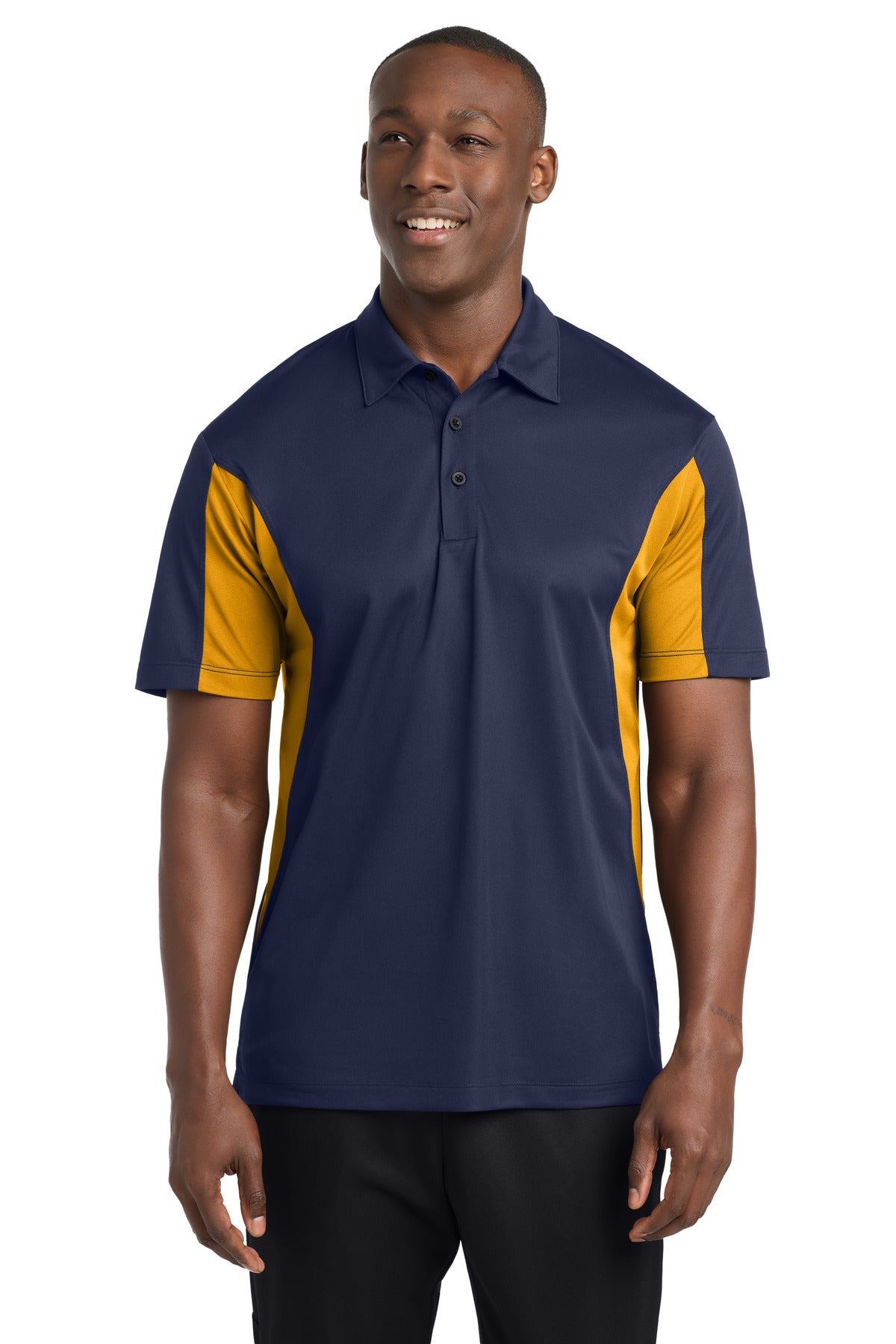 Custom logo Sport-Tek® Side Blocked Micropique Sport-Wick® Polo. ST655 in True Navy/ Gold