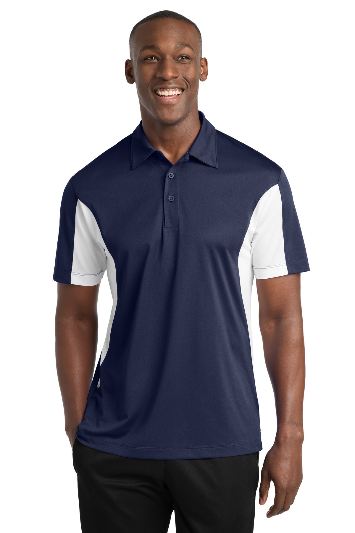 Custom logo Sport-Tek® Side Blocked Micropique Sport-Wick® Polo. ST655 in True Navy/ White