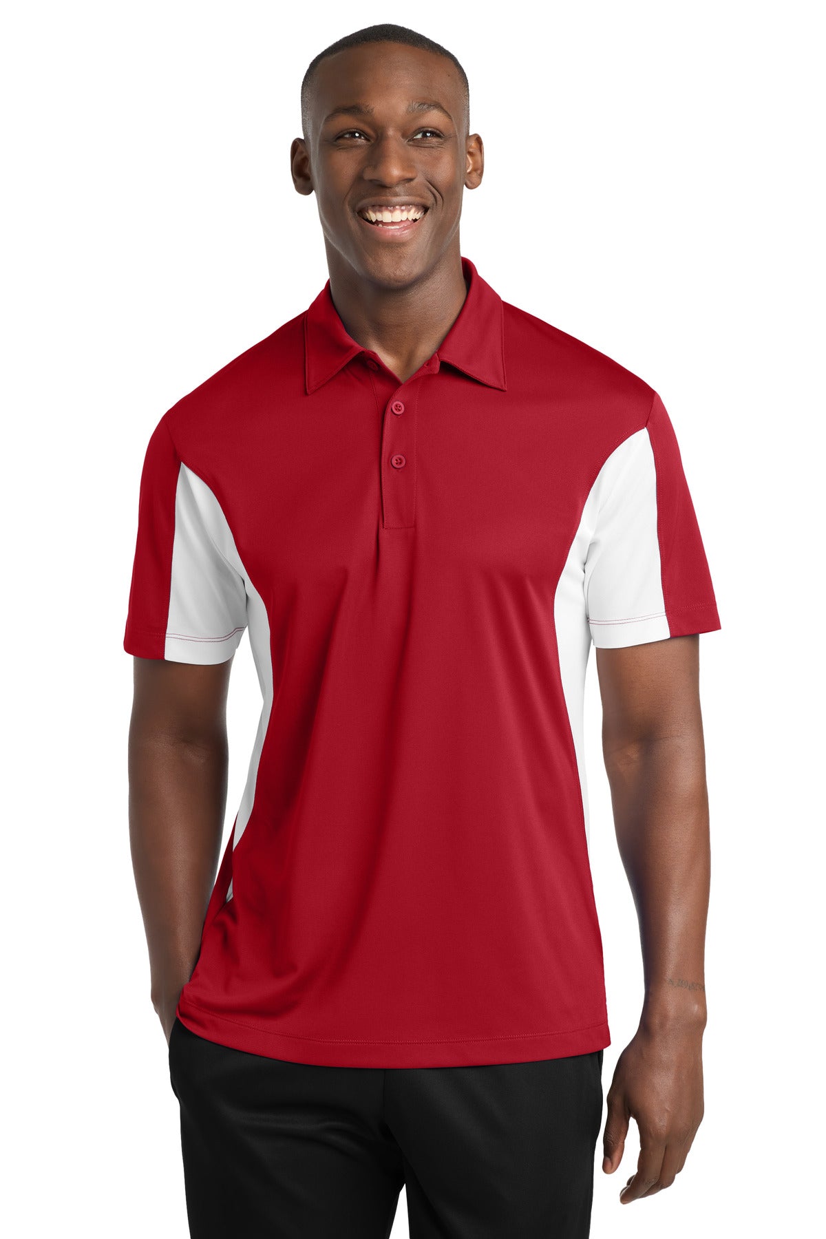 Custom logo Sport-Tek® Side Blocked Micropique Sport-Wick® Polo. ST655 in True Red/ White