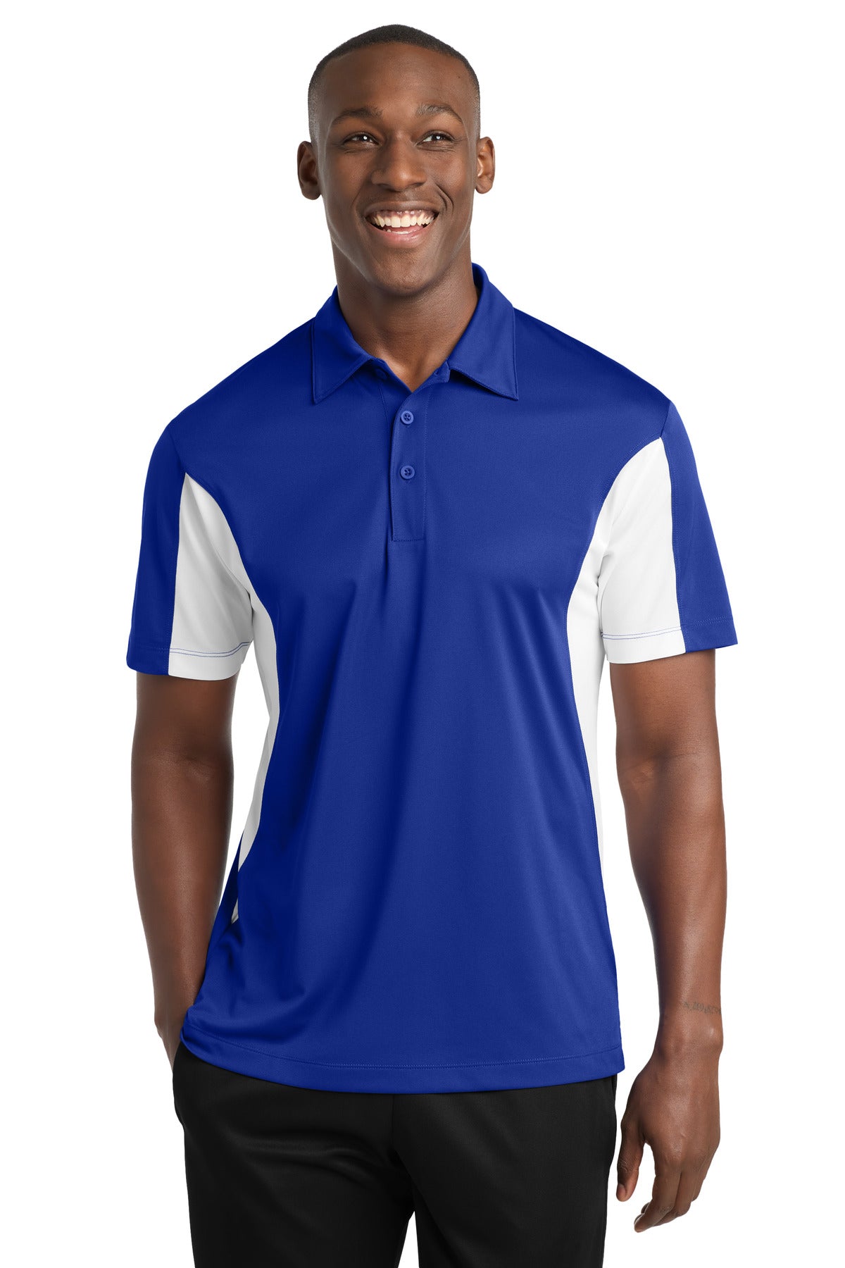 Custom logo Sport-Tek® Side Blocked Micropique Sport-Wick® Polo. ST655 in True Royal/ White