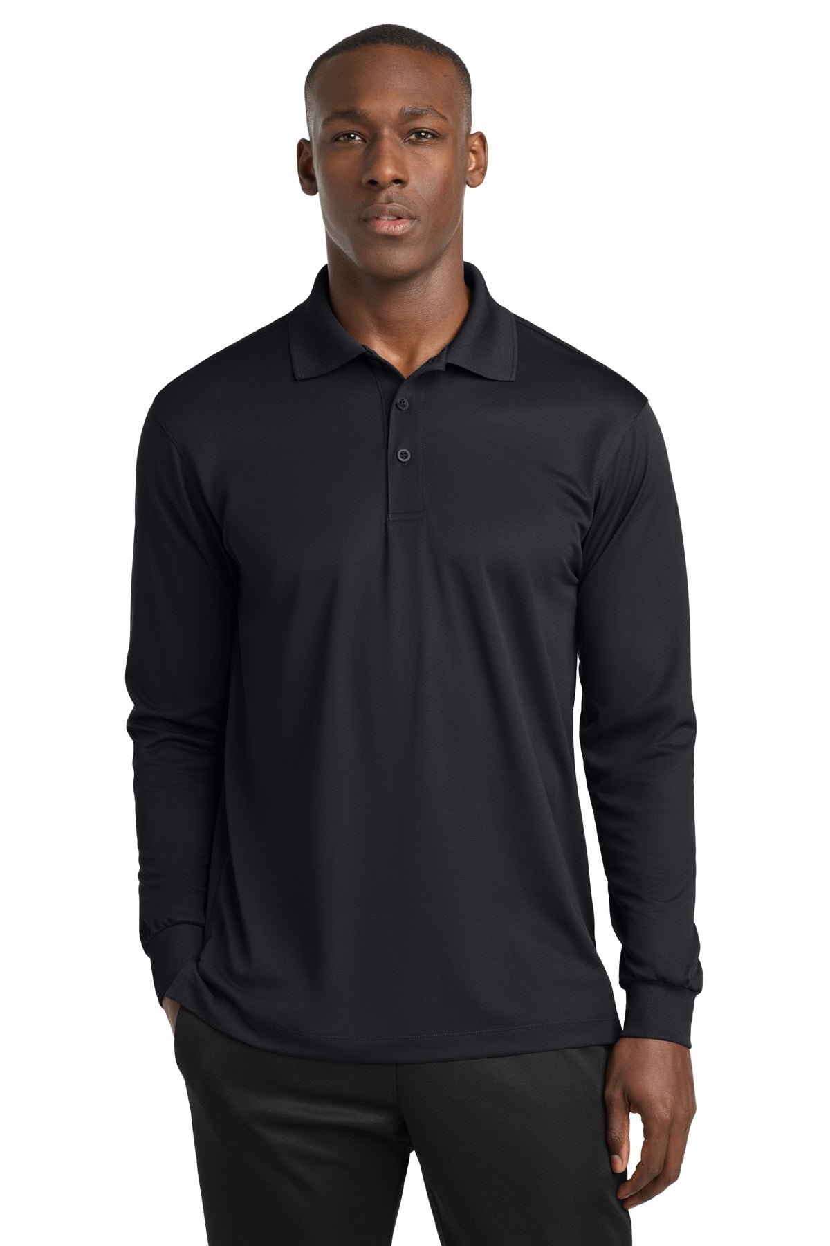 Custom logo Sport-Tek® Long Sleeve Micropique Sport-Wick® Polo. ST657 in Black