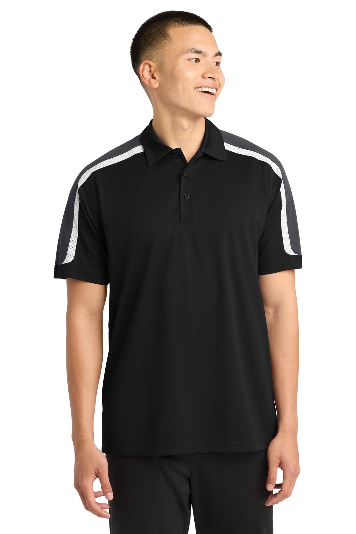 Custom logo Sport-Tek® Tricolor Shoulder Micropique Sport-Wick® Polo. ST658 in Black/ Iron Grey/ White