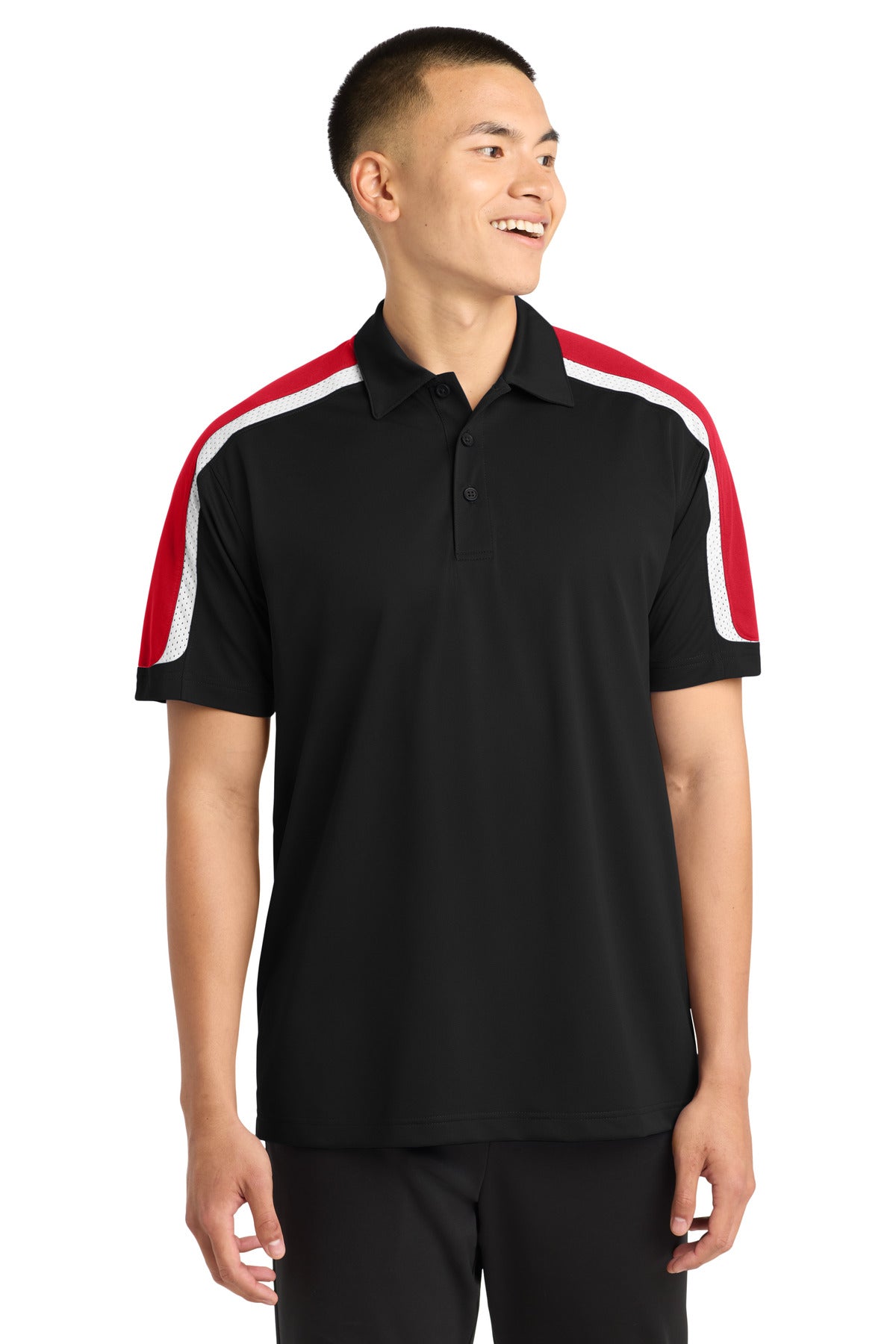 Custom logo Sport-Tek® Tricolor Shoulder Micropique Sport-Wick® Polo. ST658 in Black/ True Red/ White