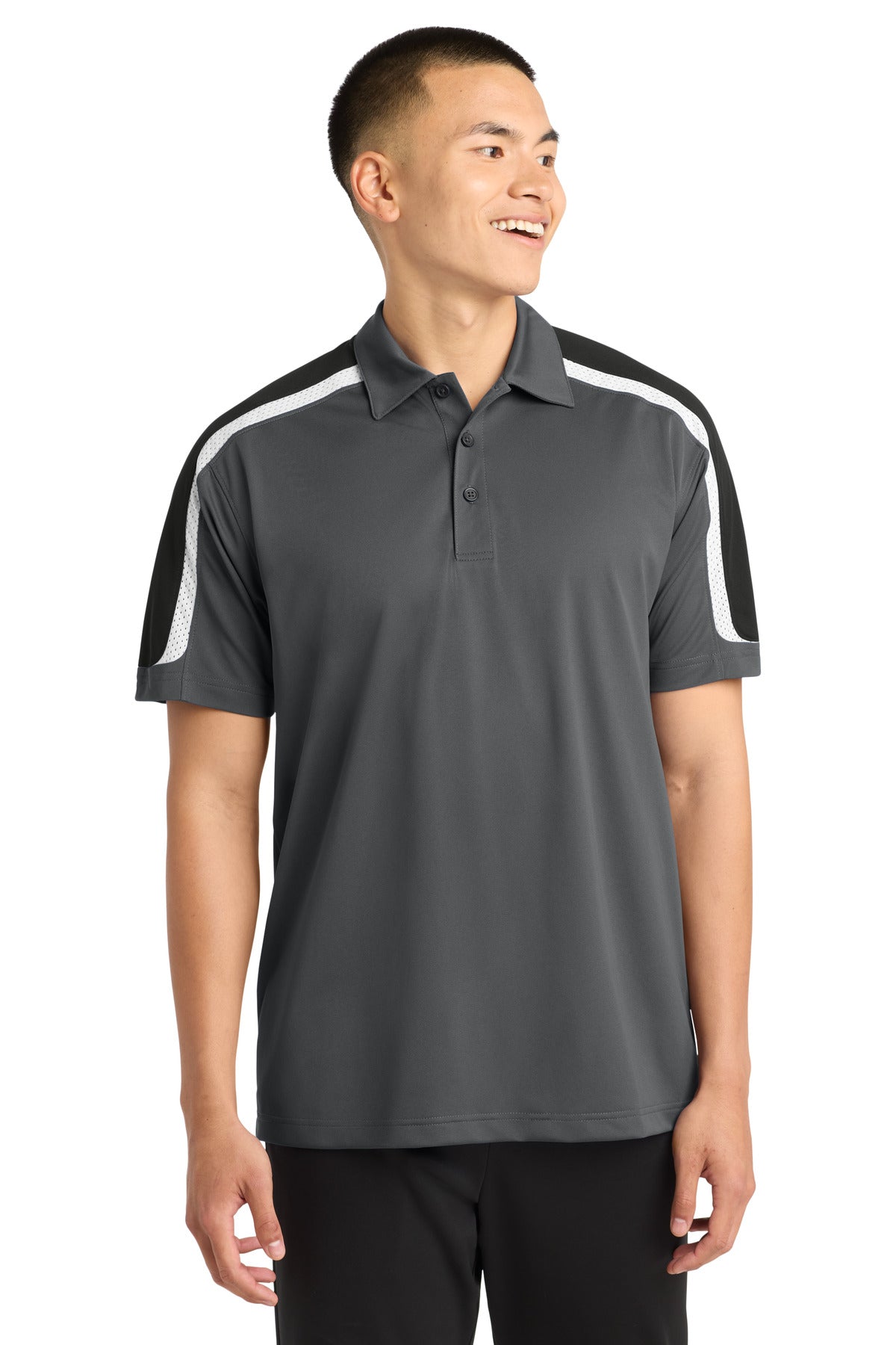 Custom logo Sport-Tek® Tricolor Shoulder Micropique Sport-Wick® Polo. ST658 in Iron Grey/ Black/ White