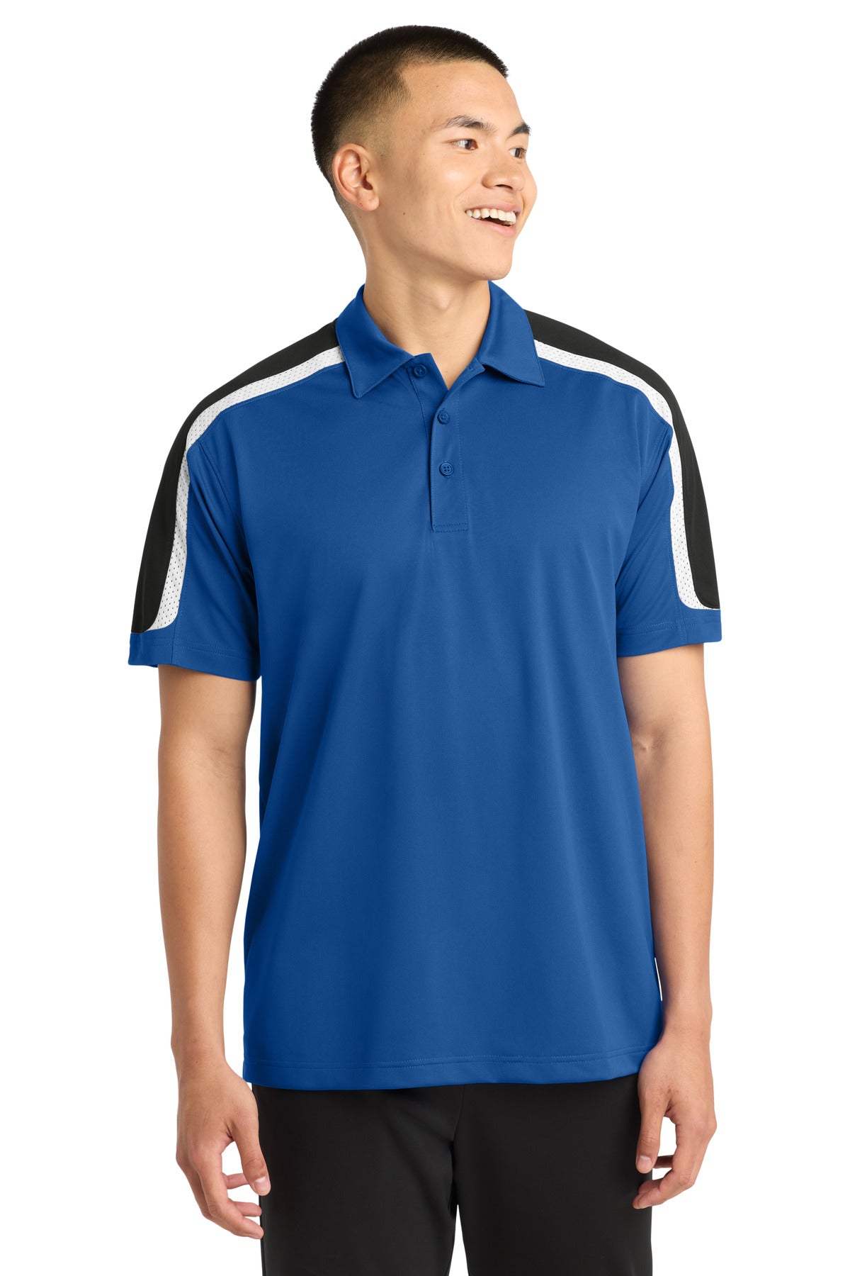 Custom logo Sport-Tek® Tricolor Shoulder Micropique Sport-Wick® Polo. ST658 in True Royal/ Black/ White