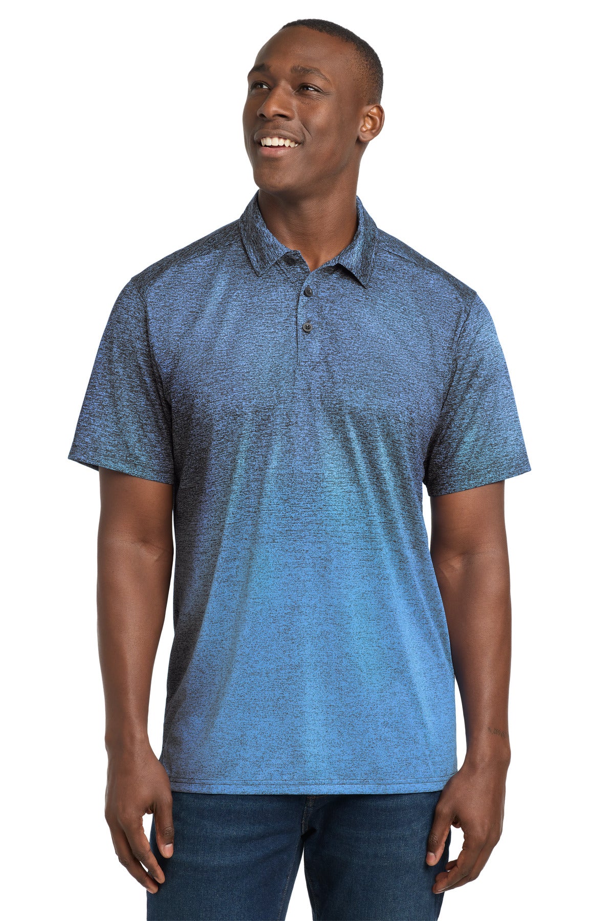 Custom logo Sport-Tek ® Ombre Heather Polo. ST671 in Carolina Blue/ True Navy