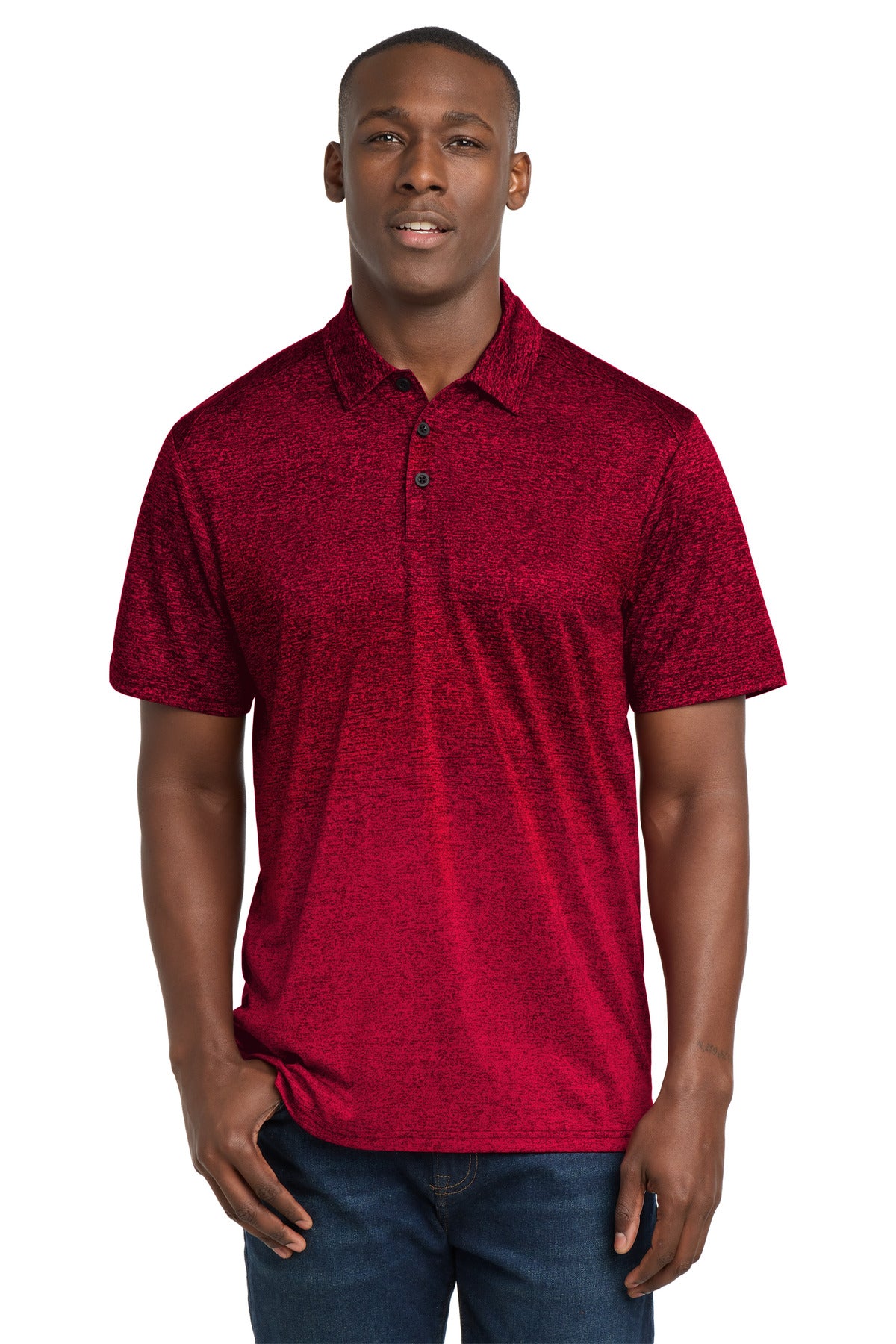 Custom logo Sport-Tek ® Ombre Heather Polo. ST671 in Deep Red/ Black