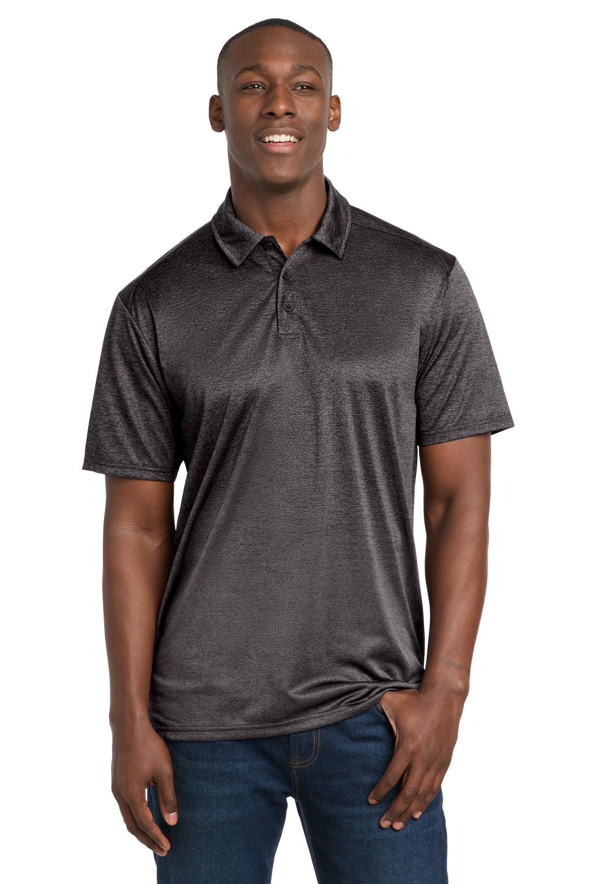 Custom logo Sport-Tek ® Ombre Heather Polo. ST671 in Iron Grey/ Black