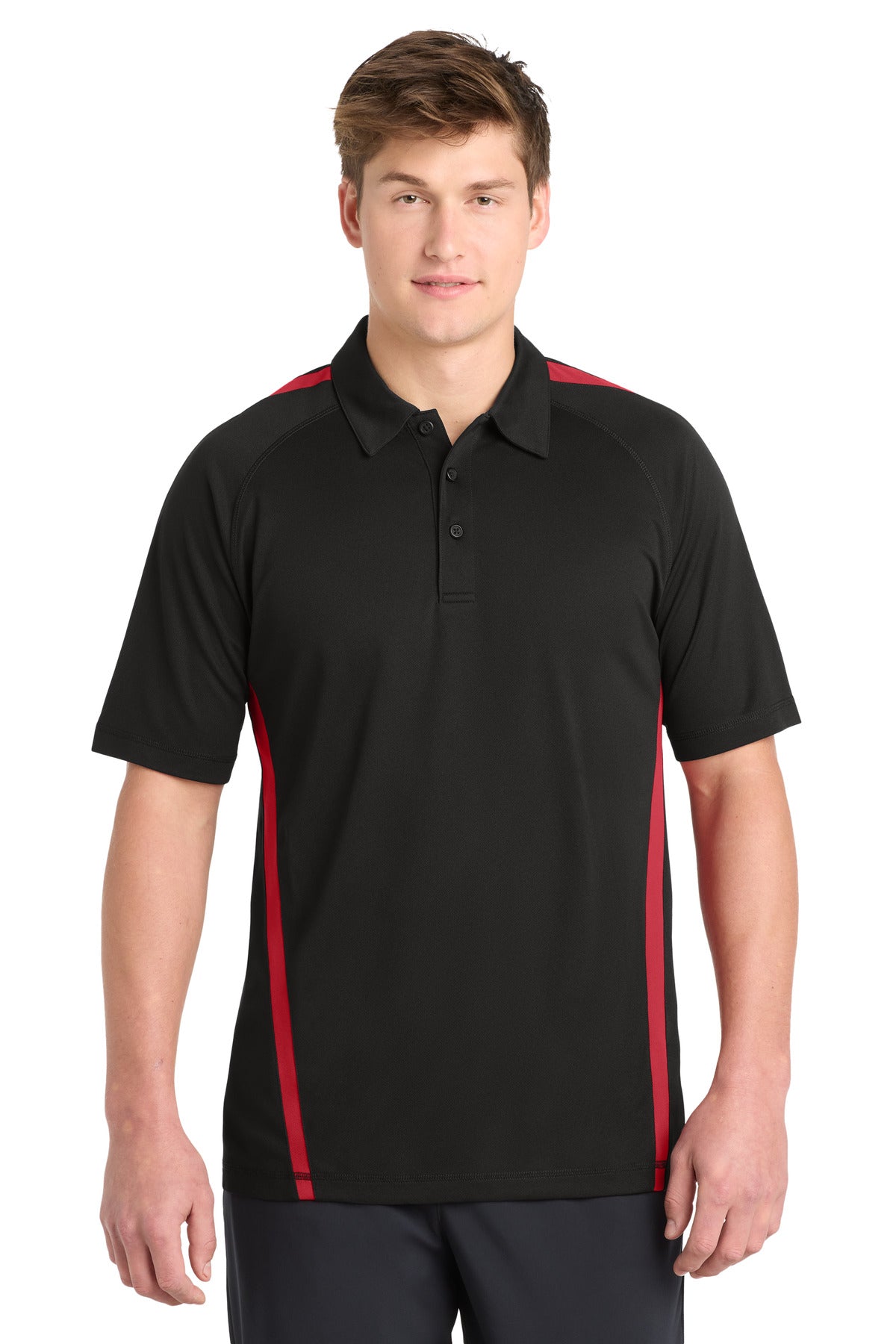 Custom logo Sport-Tek® PosiCharge® Micro-Mesh Colorblock Polo. ST685 in Black/ Red
