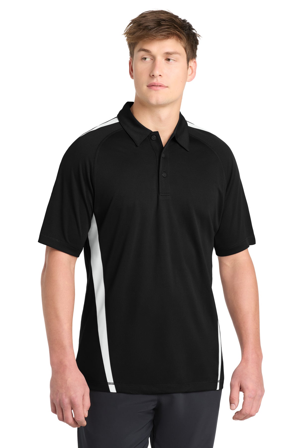Custom logo Sport-Tek® PosiCharge® Micro-Mesh Colorblock Polo. ST685 in Black/ White