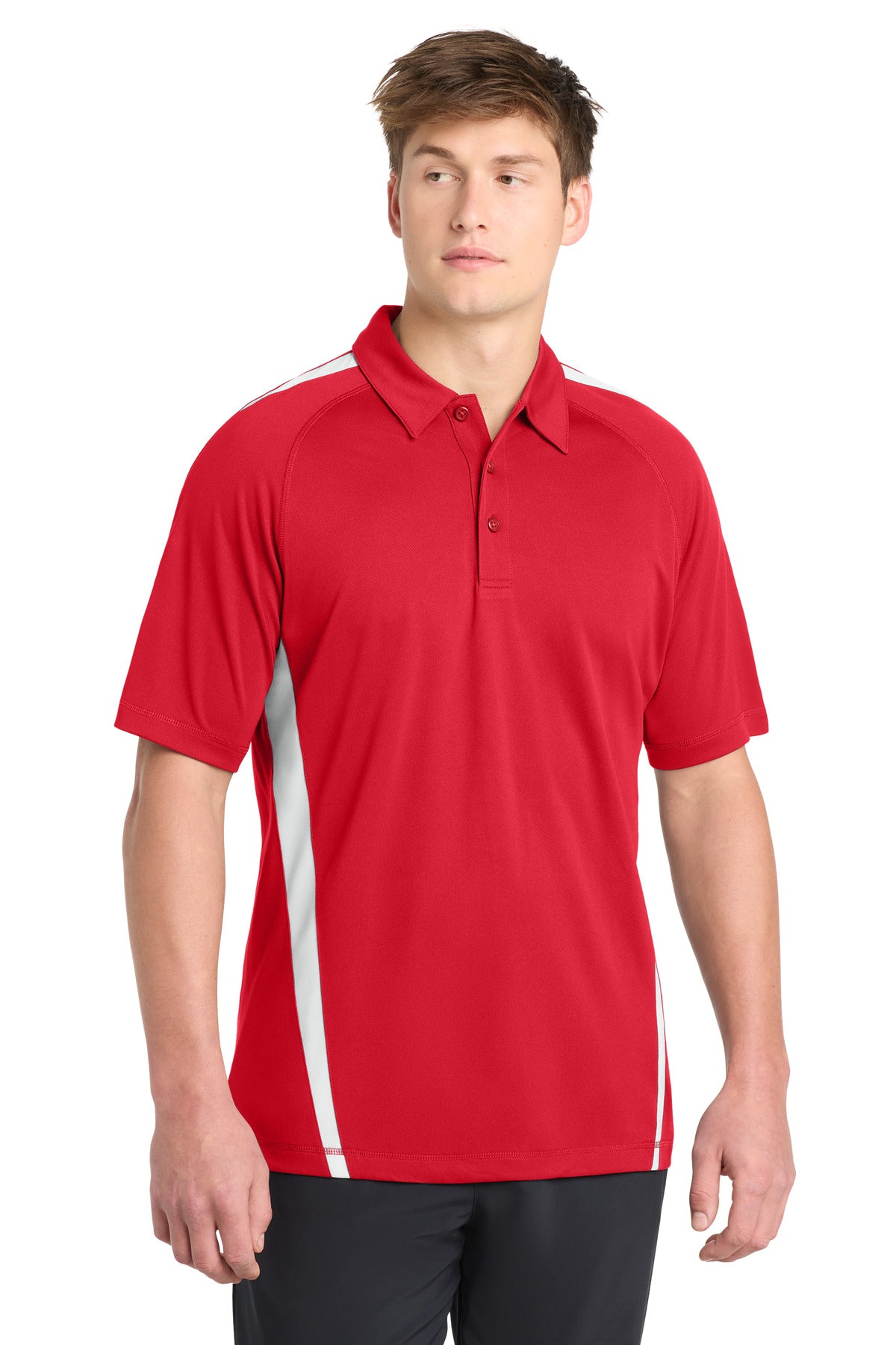 Custom logo Sport-Tek® PosiCharge® Micro-Mesh Colorblock Polo. ST685 in True Red/ White