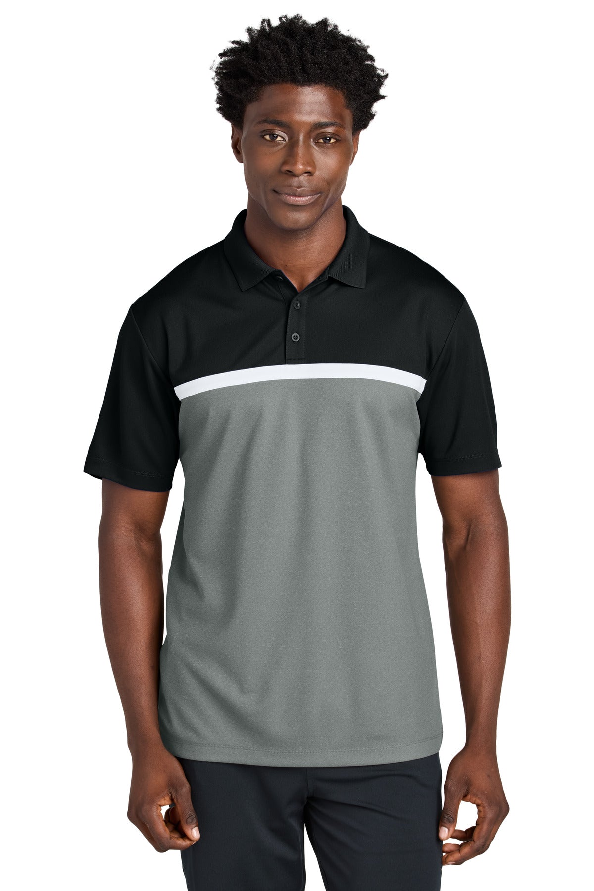 Custom logo Sport-Tek® UV Micropique Colorblock Polo ST741 in Black/ Grey Concrete Heather/ White