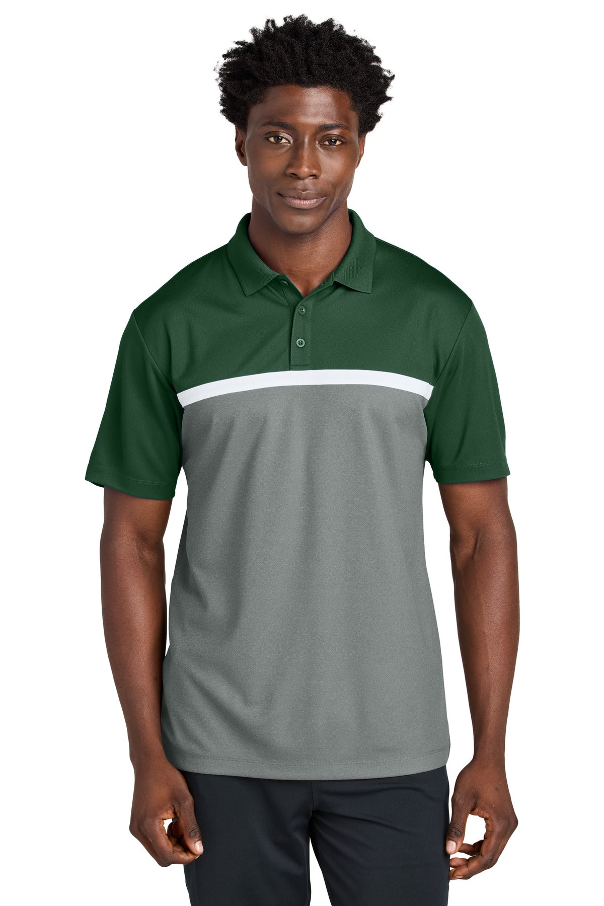 Custom logo Sport-Tek® UV Micropique Colorblock Polo ST741 in Forest Green/ Grey Concrete Heather/ White