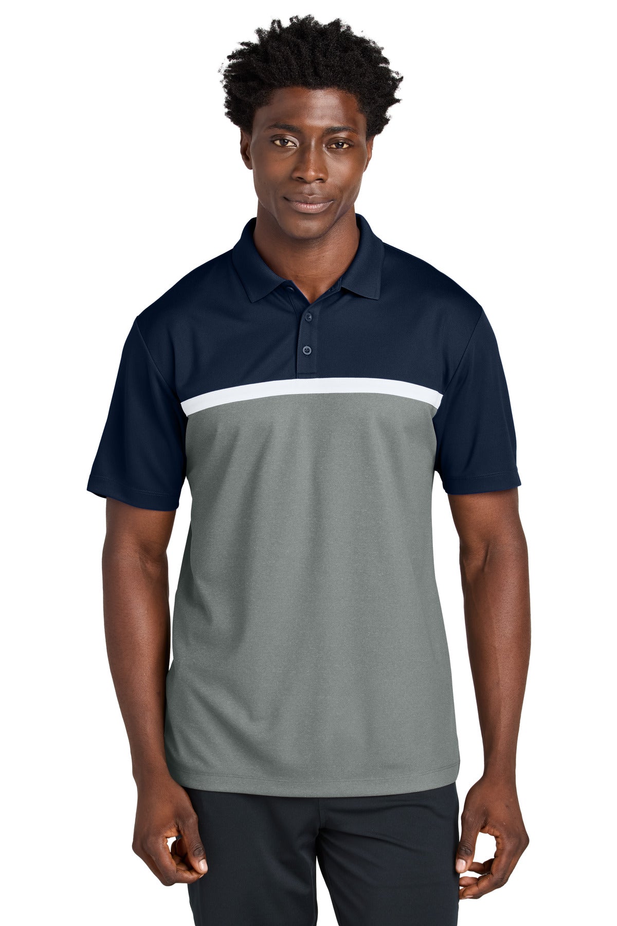 Custom logo Sport-Tek® UV Micropique Colorblock Polo ST741 in True Navy/ Grey Concrete Heather/ White