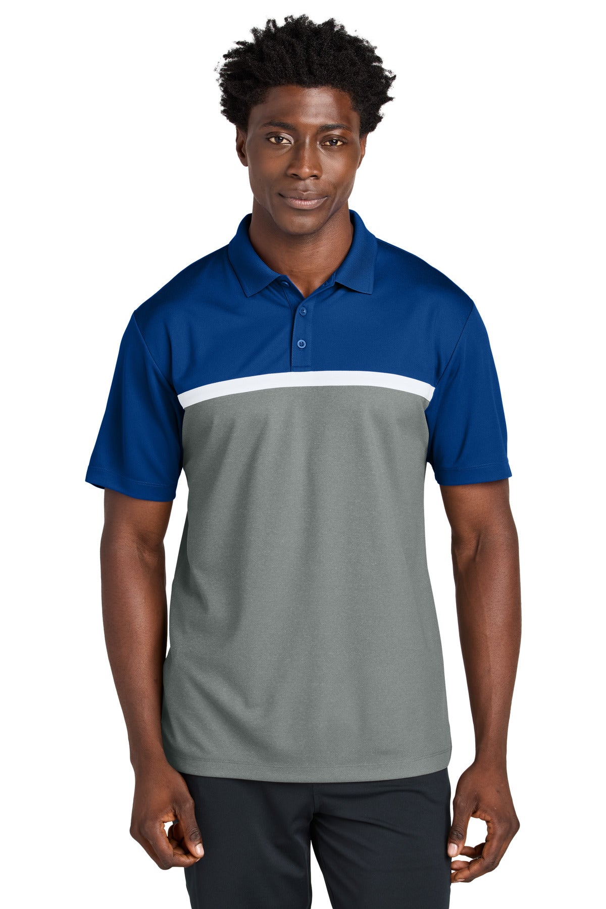 Custom logo Sport-Tek® UV Micropique Colorblock Polo ST741 in True Royal/ Grey Concrete Heather/ White